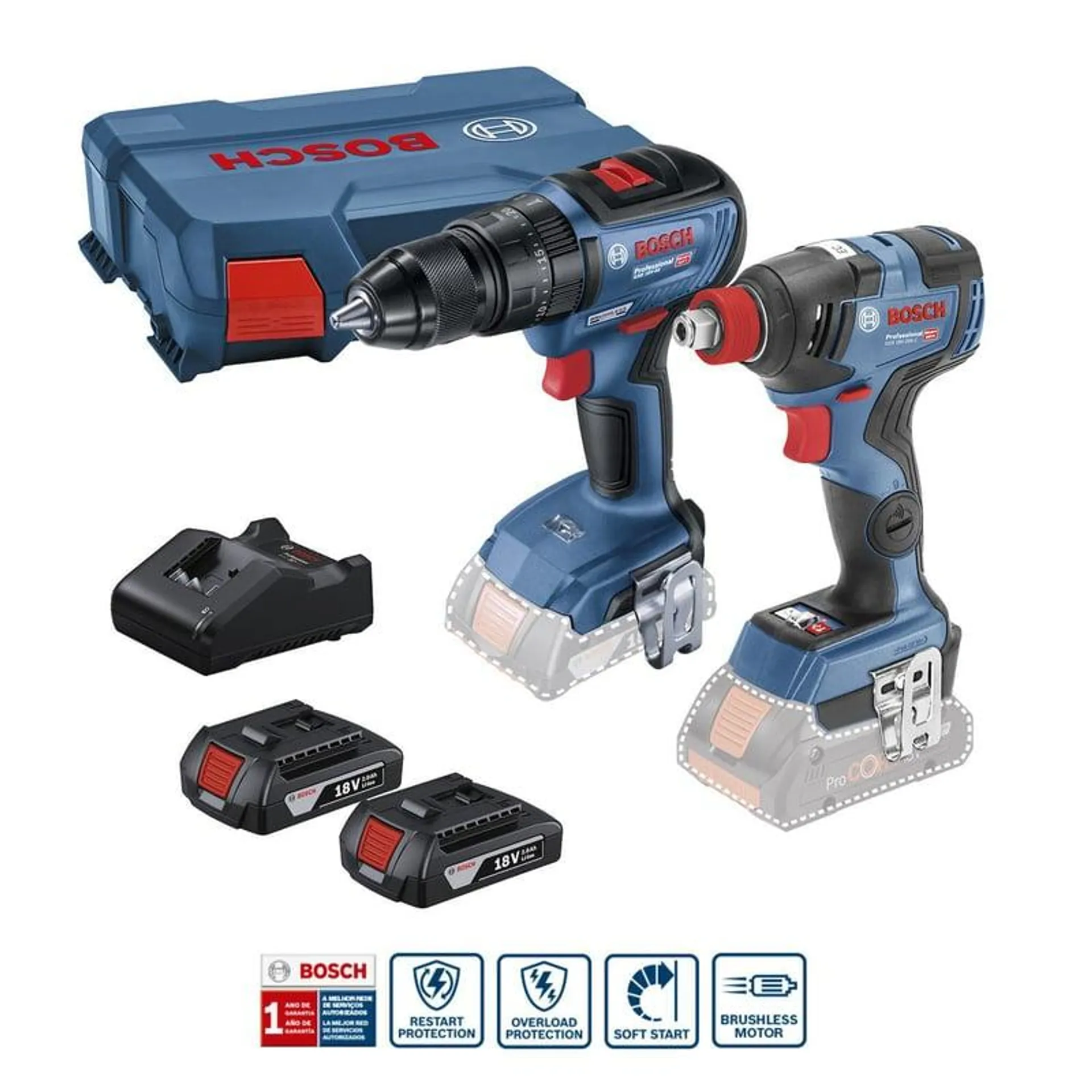 Taladro Atornillador Percutor GSB 18V-50 BRUSHLESS + Llave Impacto 18V GDX 18V-200 BRUSHLESS + 2 Baterías + 1 Cargador + 1 Maletín Bosch