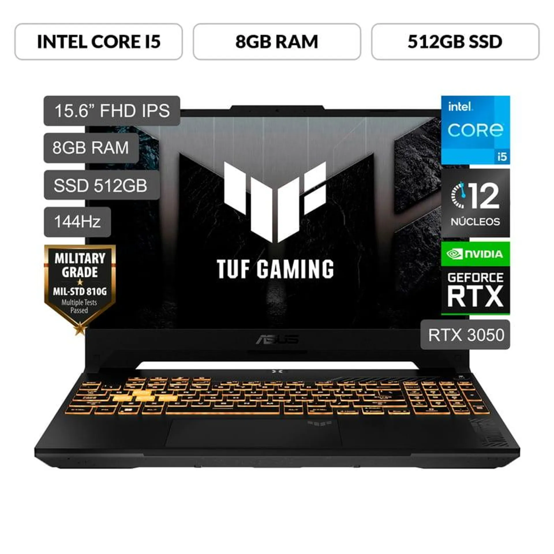 Gamer Asus Intel Core i5 de 12 núcleos RTX3050 8GB 512GB SSD TUF Gaming F15 12°Gen 15.6" FHD