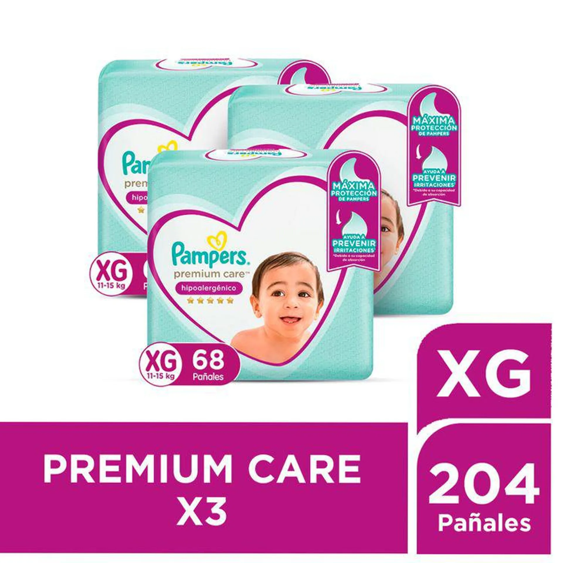 Tripack Pañales para Bebé Pampers Premium Care Talla XG 68un