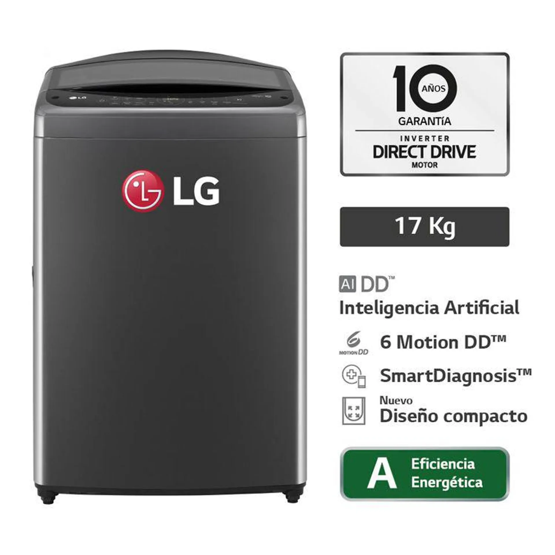 Lavadora LG de 17 kg carga superior Negro Claro