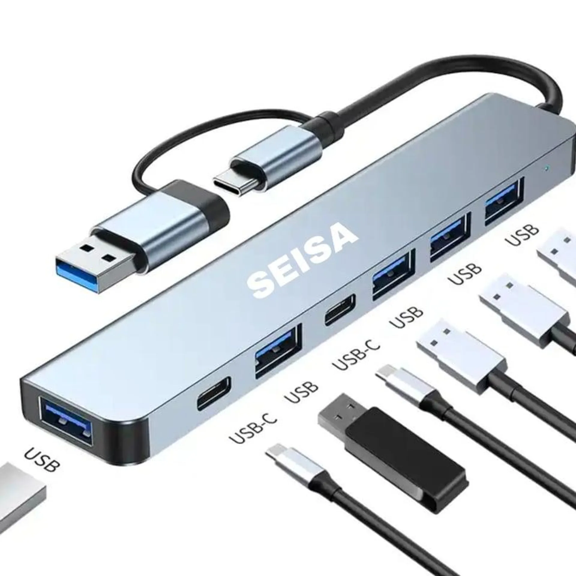 Adaptador Convertidor 7 en 1 CQT-2303 USB C a 5 Puertos USB y 2 Tipo C