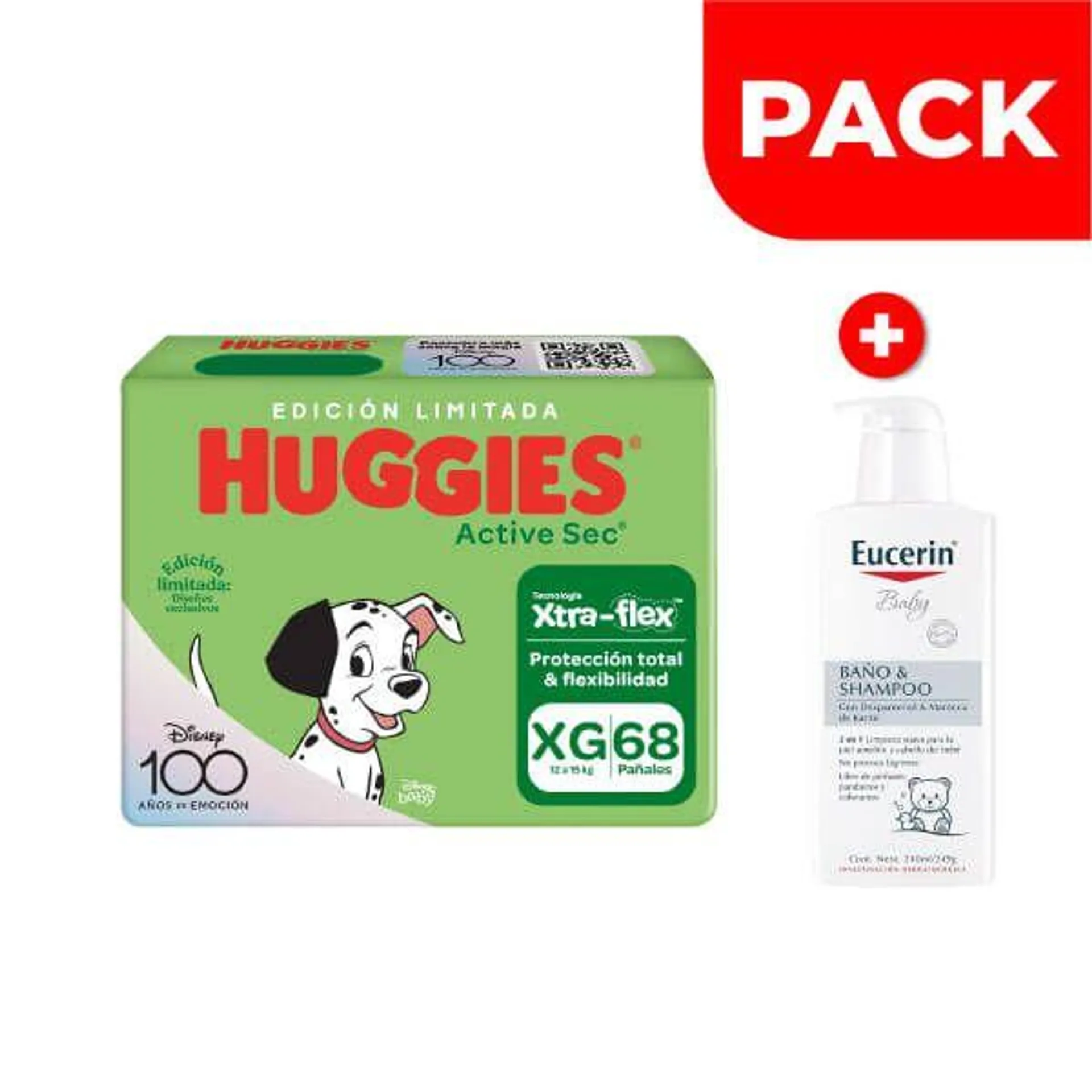 Pack Huggies Active Sec Xtra-Flex Talla XG 68 + Eucerin Baby Baño & Shampoo 240 ML