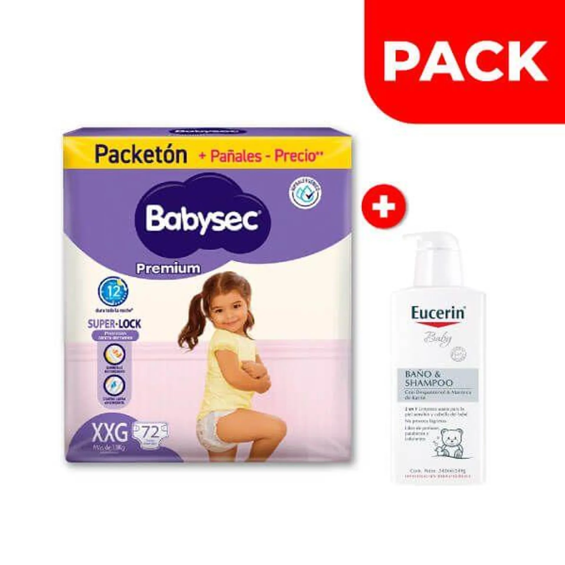 Pack Babysec Premium Súper Mega Talla XXG 72 UN + Eucerin Baby Baño & Shampoo 240 ML