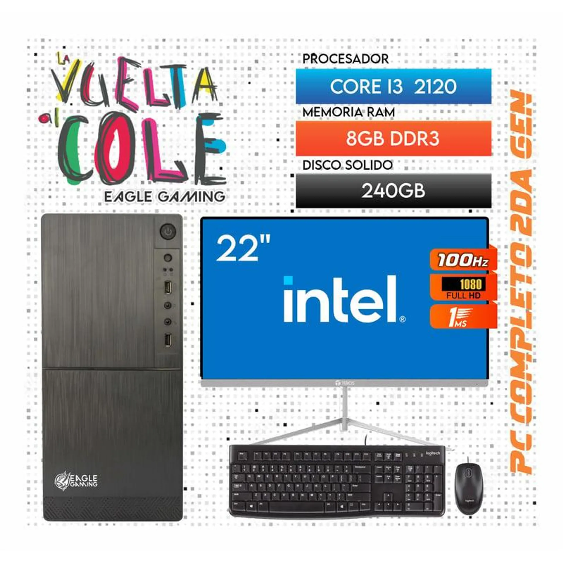 Computadora PC Intel Core i3 2120 RAM 8GB SSD 240GB Monitor 22 FHD webcam