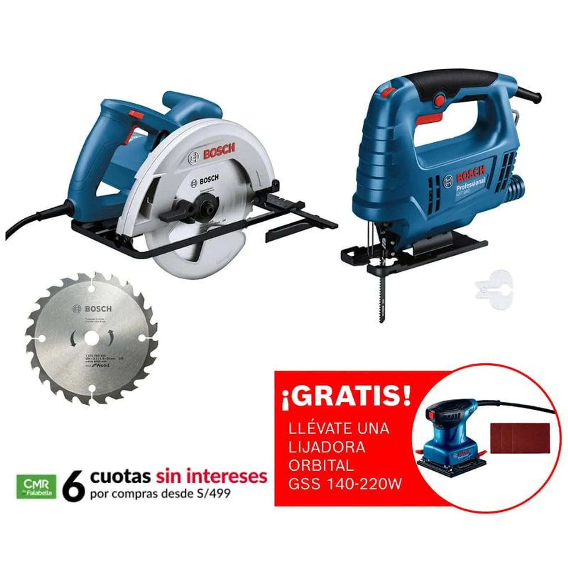 Sierra Circular Bosch GKS 130 + 1 Disco de Corte 24 Dientes + Sierra Caladora Bosch GST 680-500W + 1 Hoja de Corte + Lijadora Orbital Bosch GSS 140-220W + 1 Lija