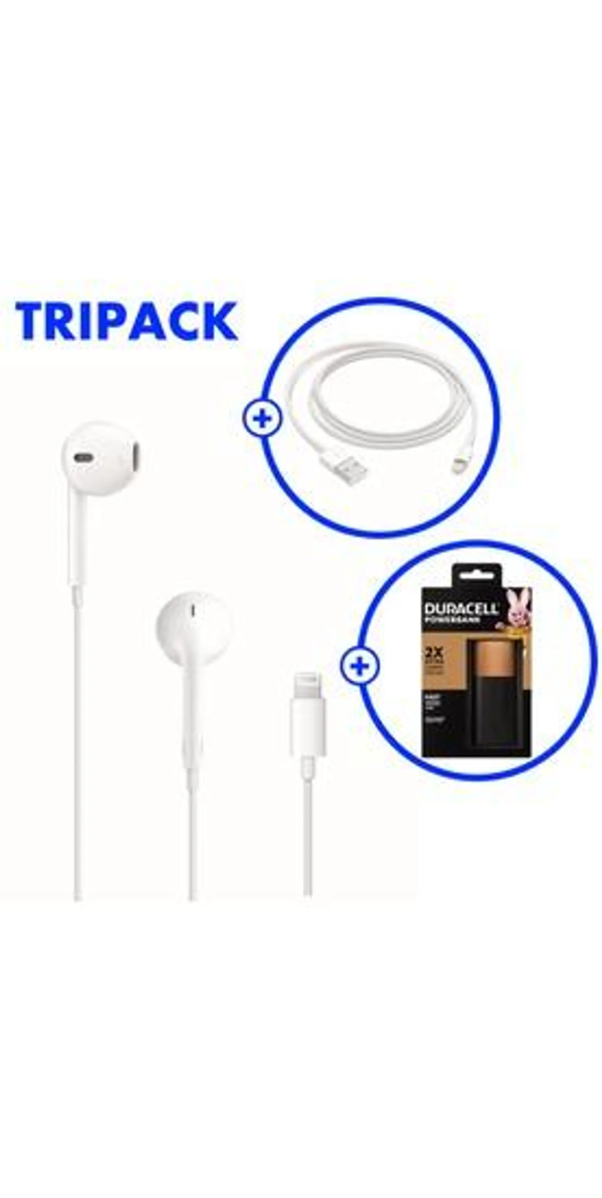 Earpods con conector Lightning + Cable USB a Lightning + Batería Duracell Powerbank 6700MAH