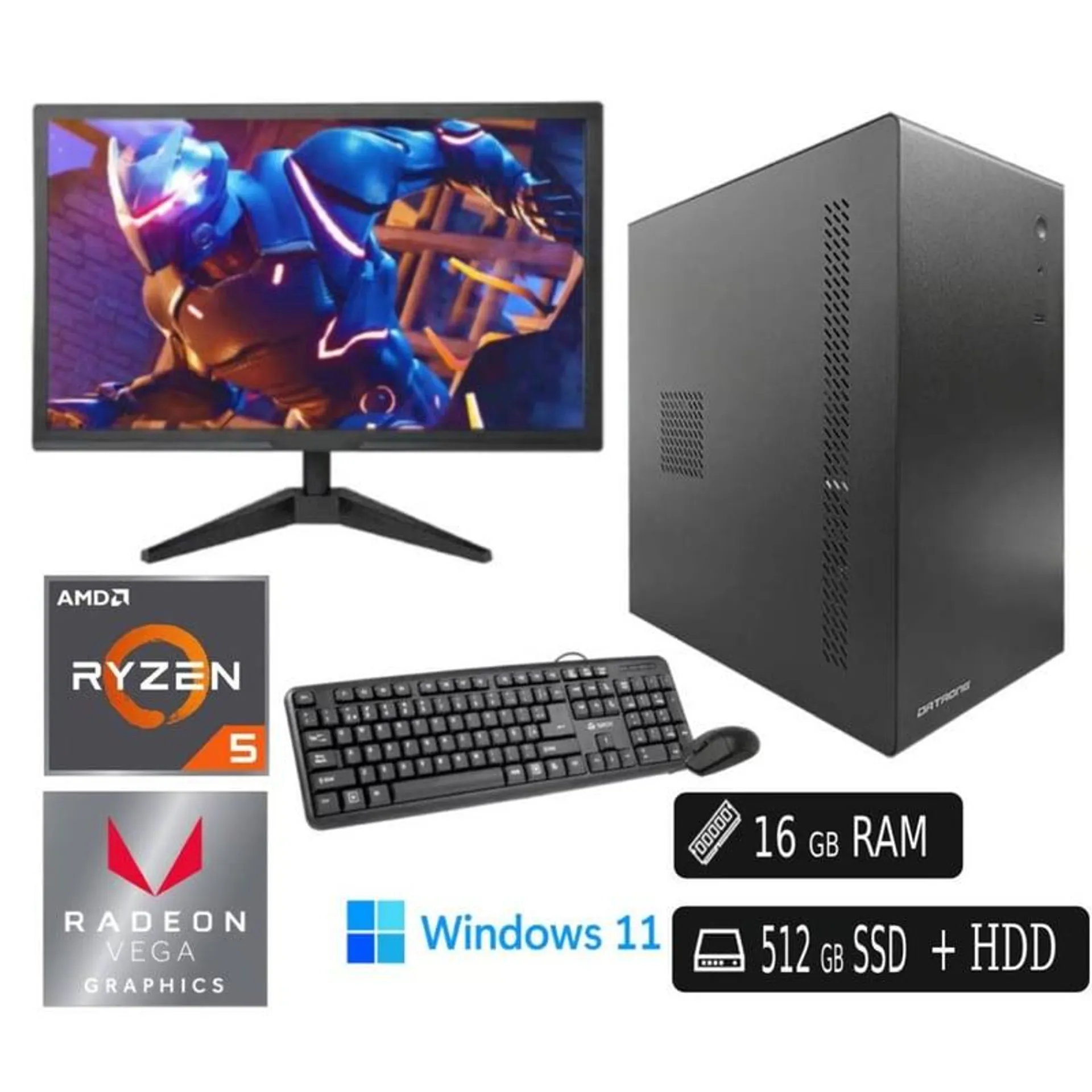 PC Completa Ryzen 5 3.6Ghz 16GB Ram 512GB SSD + HDD + Monitor Led FHD