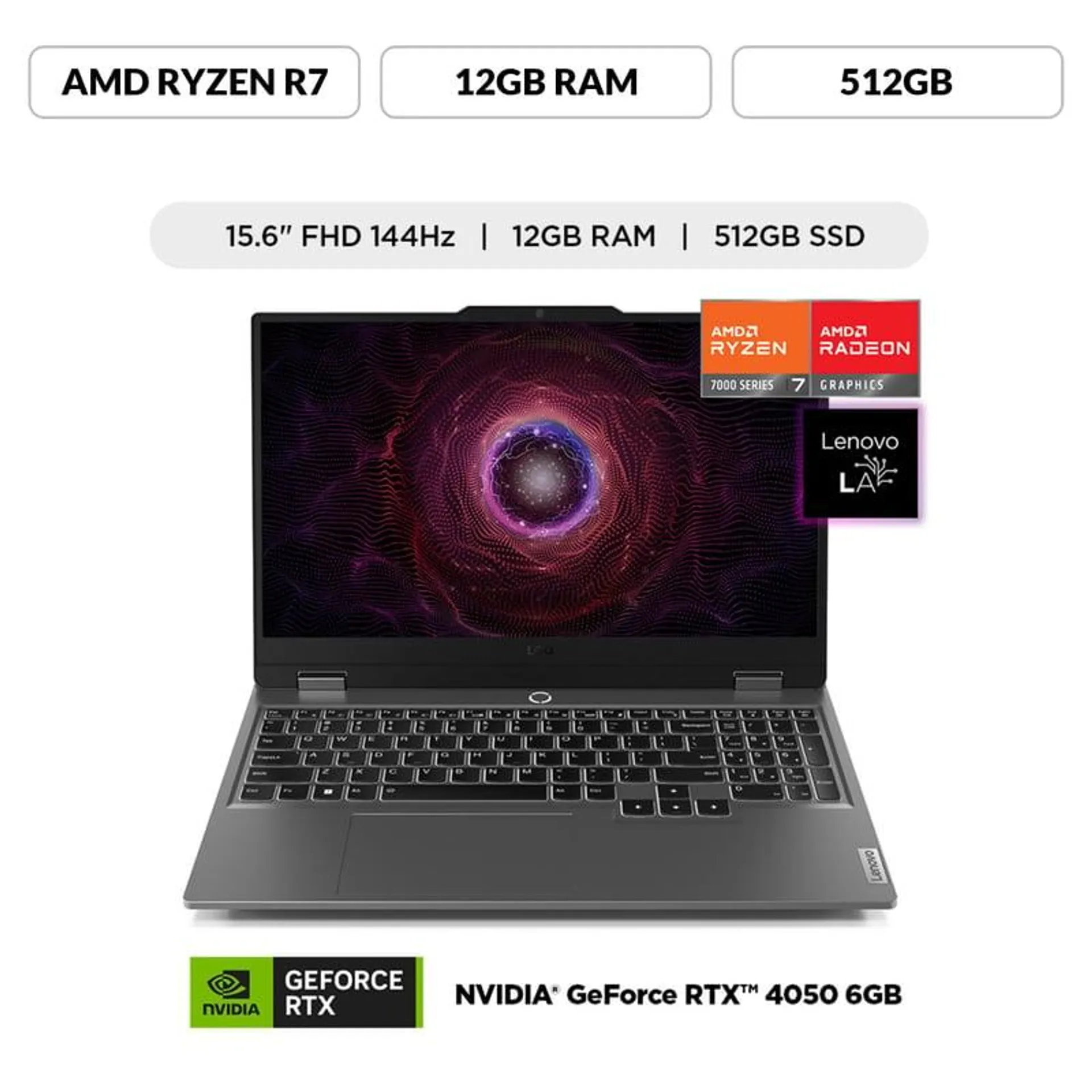 Laptop Lenovo Loq, AMD Ryzen 7 7435HS , 12GB ram, 512GB ssd, Nvidia rtx 4050 6GB, 15.6" Fhd