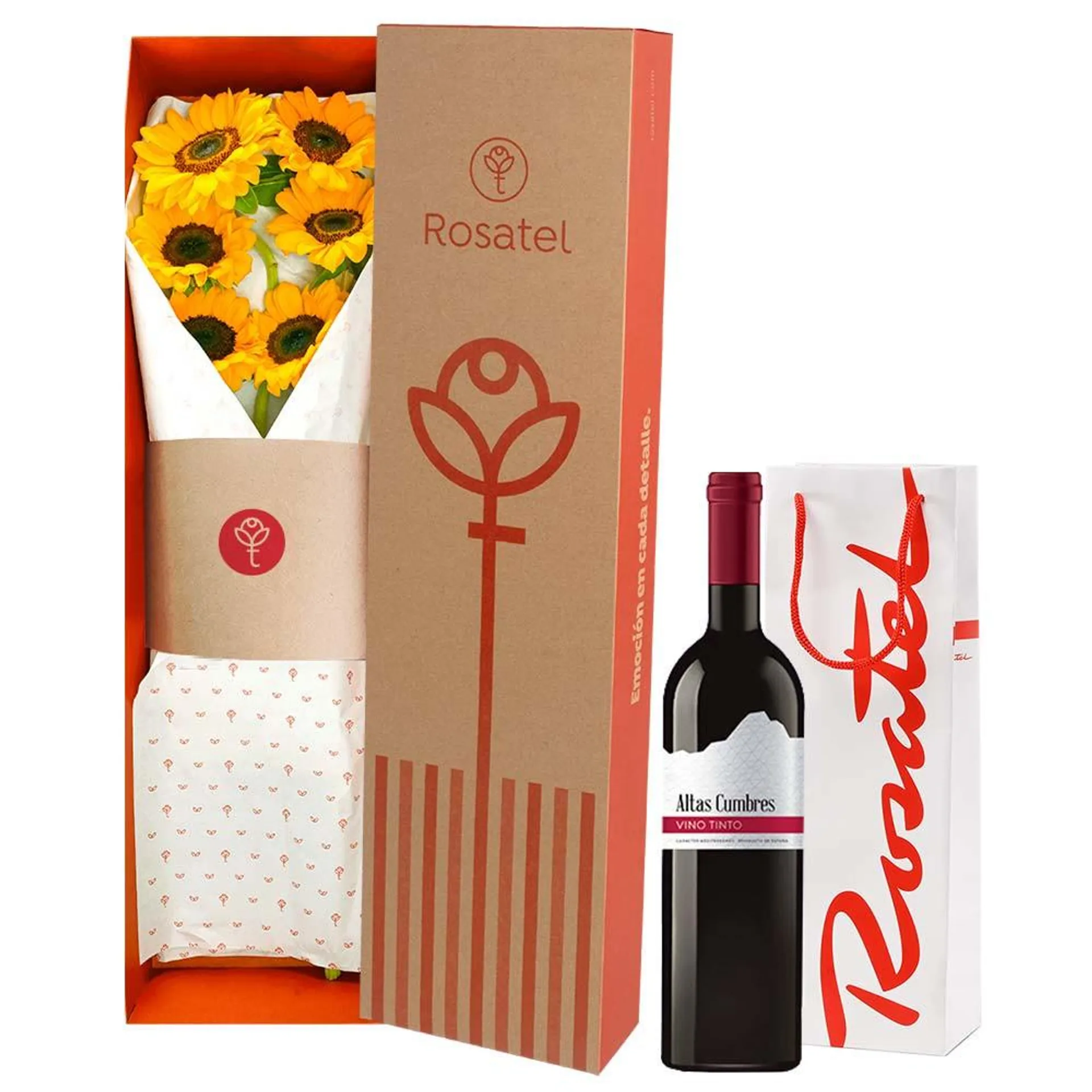 Caja con Girasoles y Vino Altas Cumbres