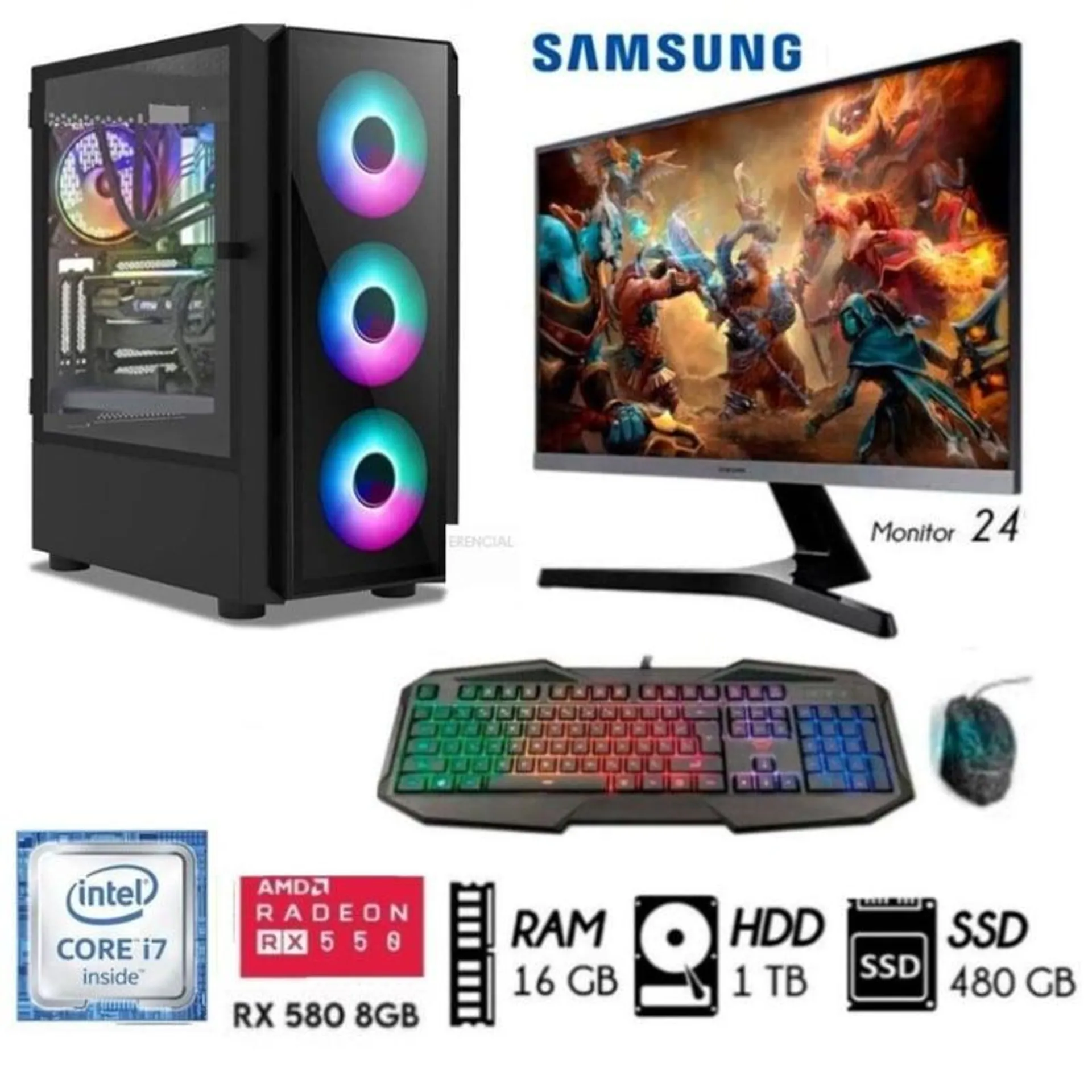 Computadora PC Gamer Core I7 Ram16GB HDD1TB+SSD 480GB Video RX 580 8GB Monitor24