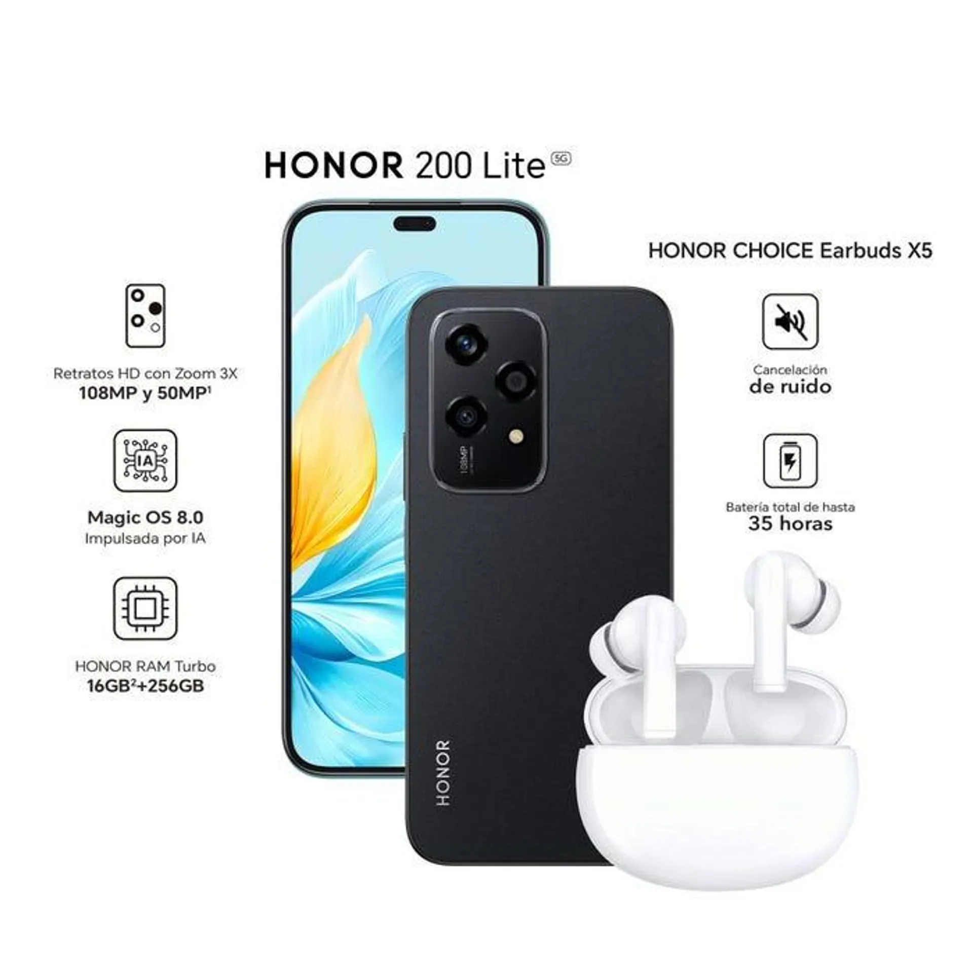 Celular Honor 200 Lite 256GB 8GB 6" Midnight Black + Earbuds X5