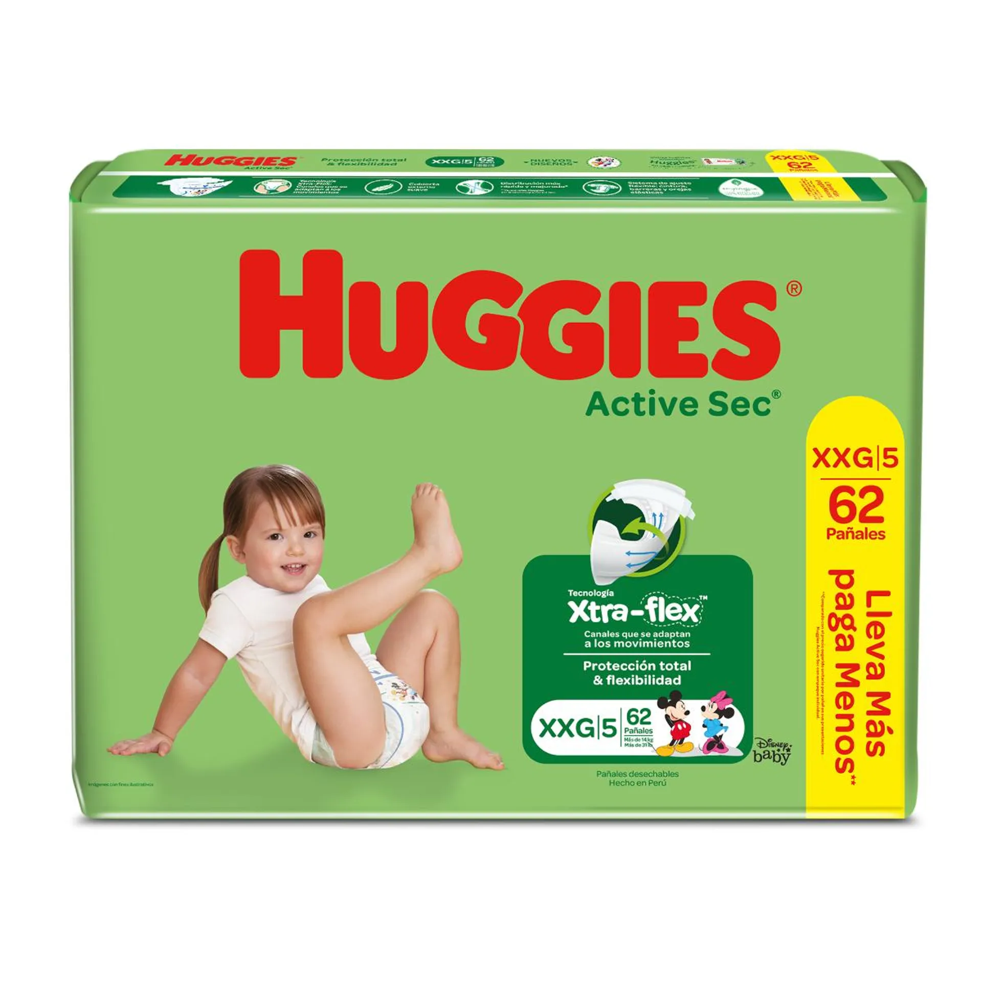 Pañal Huggies Active Sec Bigpack Talla XXG - Bolsa 62 UN