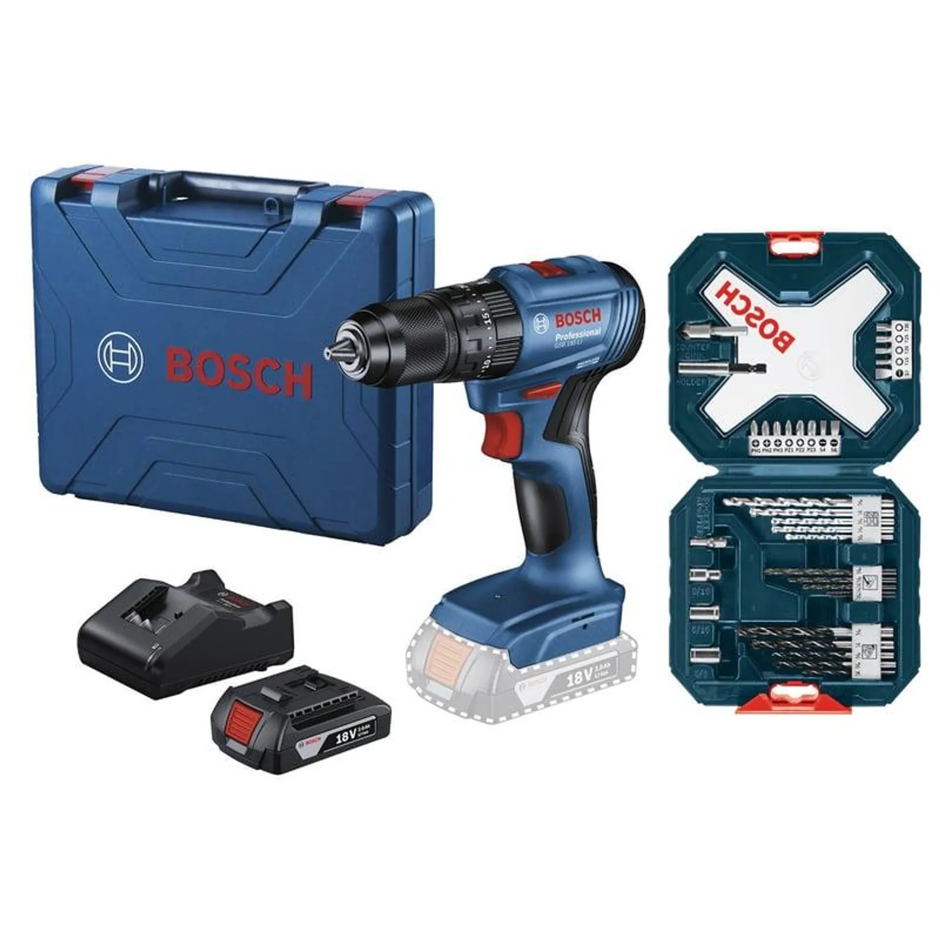 Taladro percutor inalámbrico 1/2" 18V Bosch GSB 185-LI + Set Puntas y Brocas Bosch X-Line 34 und.