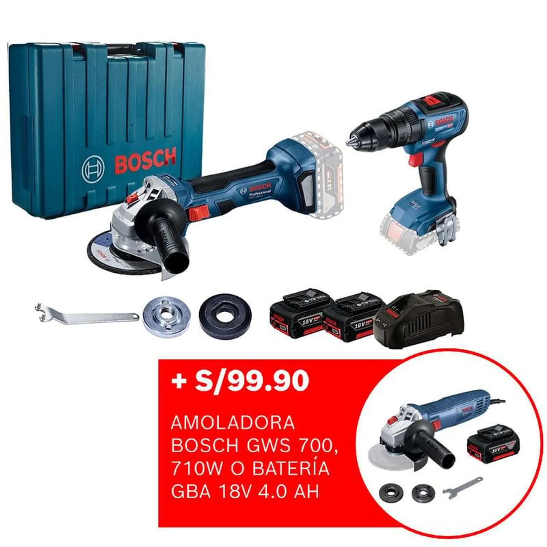 Amoladora Inalámbrica 18V Bosch GWS 180-LI + Taladro Percutor 18V Bosch GSB 18V-50 Brushless + 2 Baterías + Maletín de Plástico