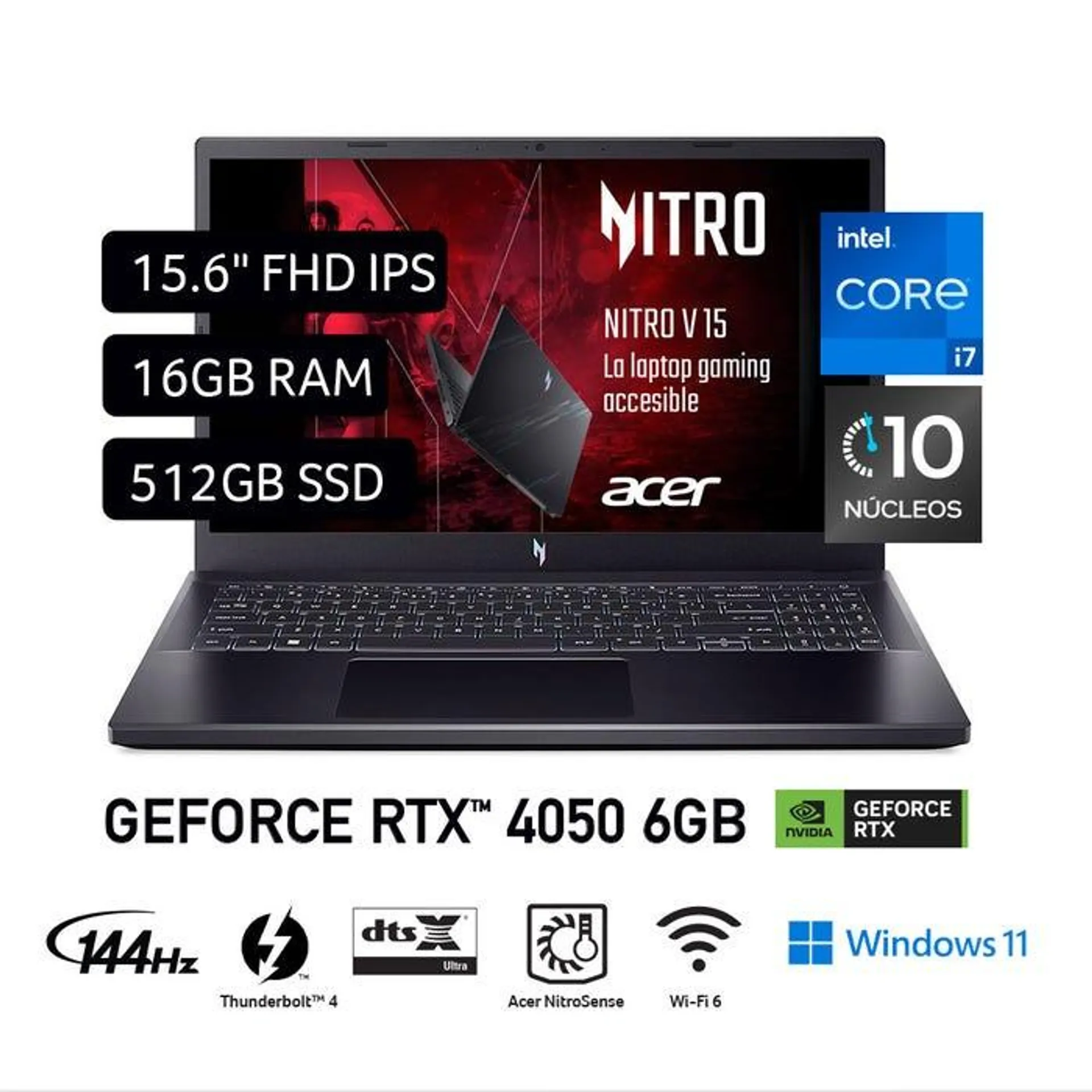 Laptop Acer Nitro V 15 15,6" Windows 11 Intel Core I7 13a Gen 10 Núcleos 16GB 512GB SSD NVIDIA RTX4050 6GB