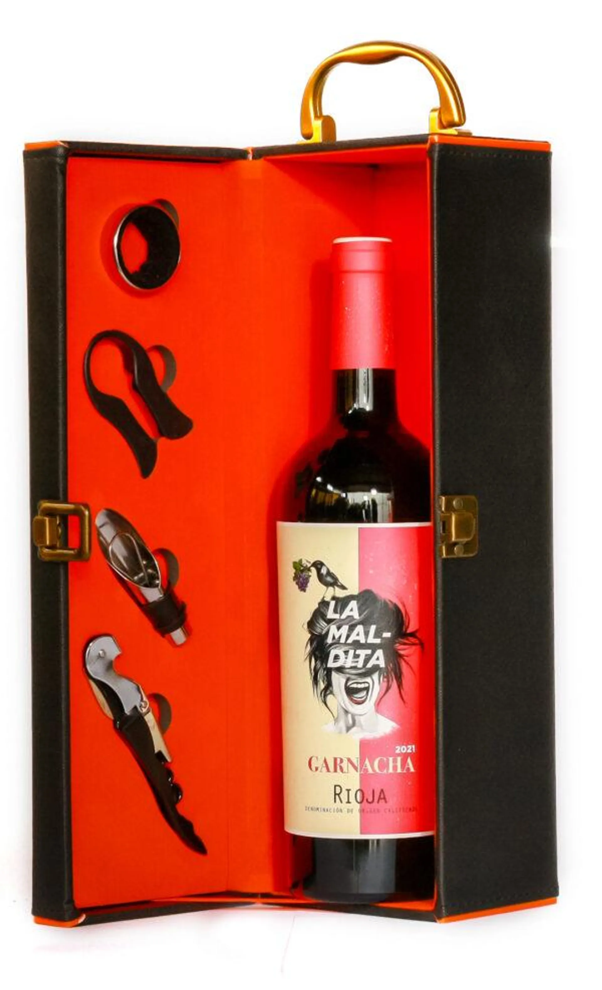 Estuche de cuero+Vino La Maldita Garnacha 750ml+Accs