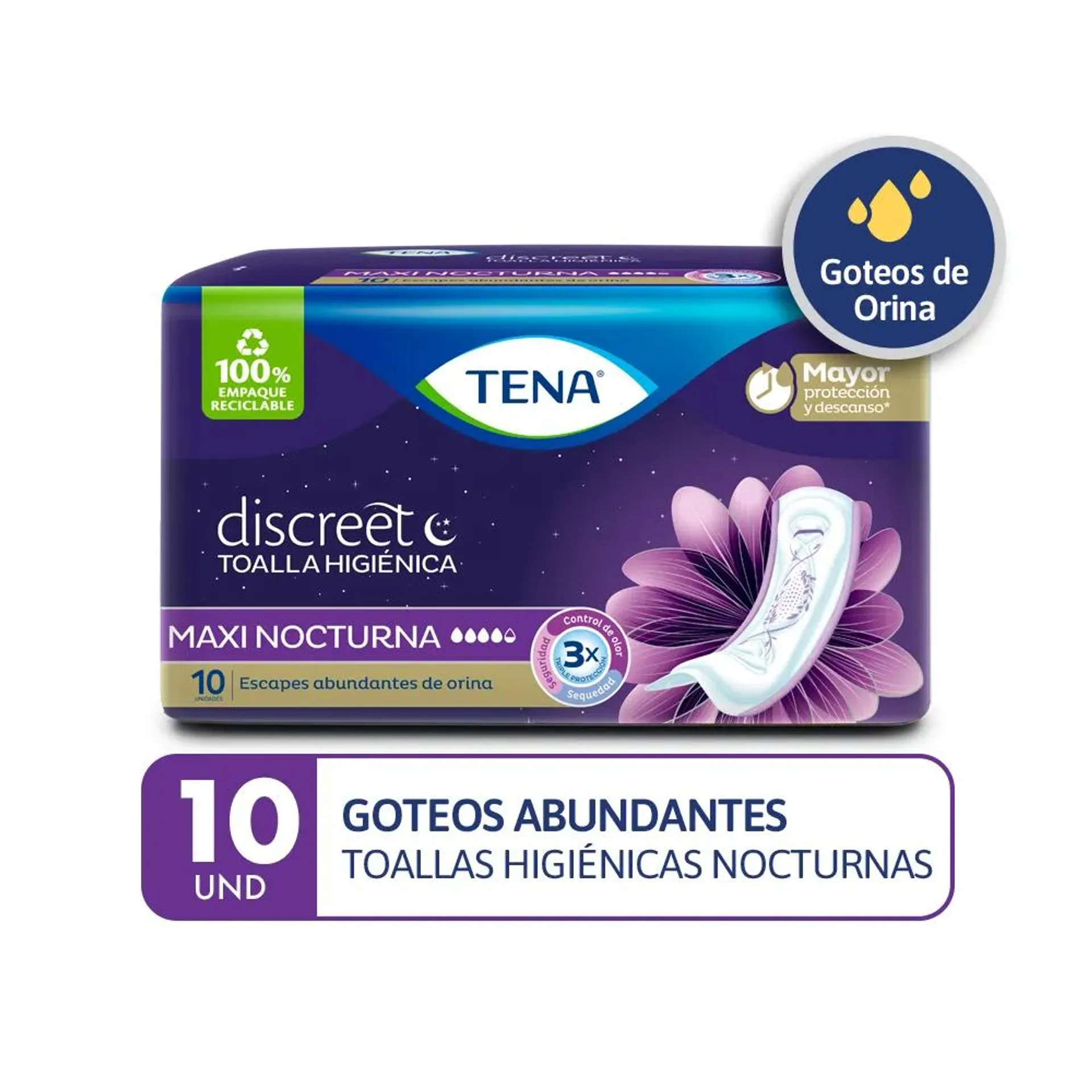 Tena Discreet Maxi Nocturna Toallas Higiénicas x 10 Unidades