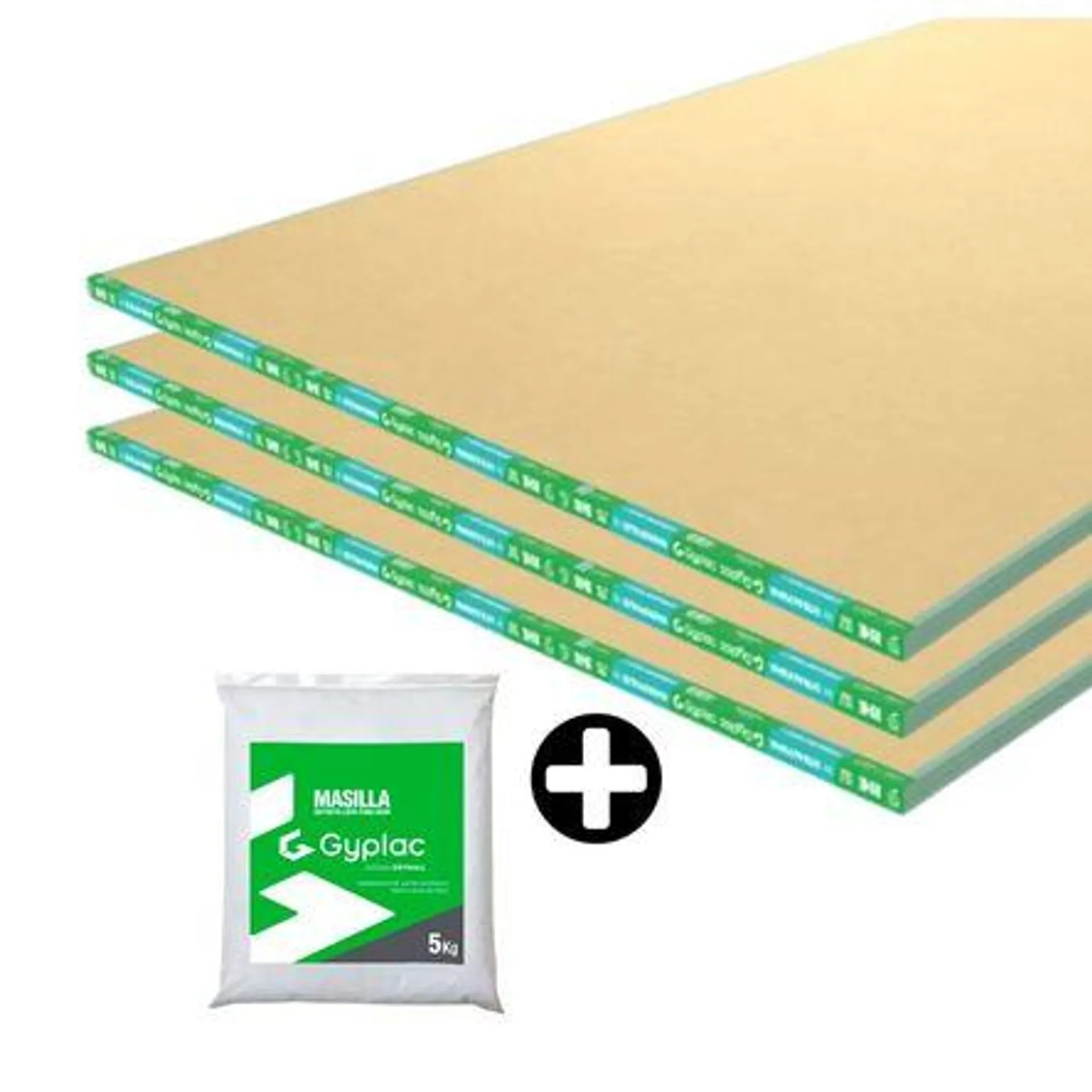 COMBO 6 Placas de yeso Gyplac RH 1/2" (12.7mm) 1.22m x 2.44m + Masilla para drywall Gyplac Bolsa 5kg