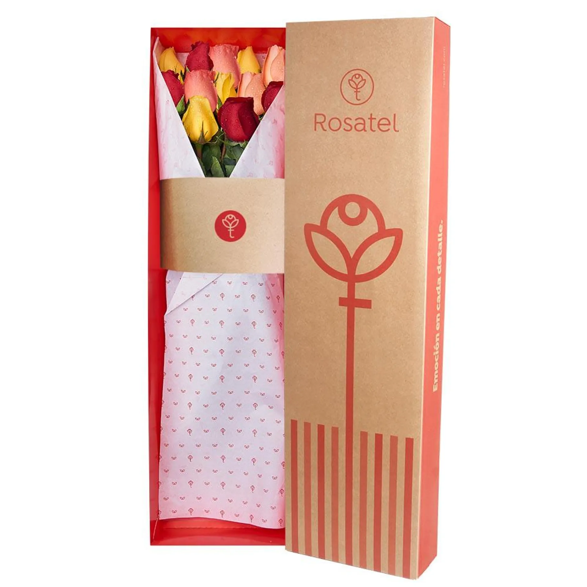 Caja Natural con 12 Rosas de Colores