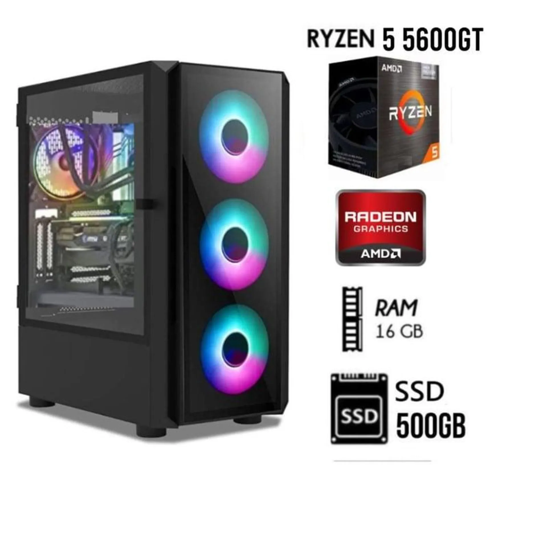 COMPUTADORA PC GAMER RYZEN 5-5600GT 3.4 GHZ RAM 16GB SSD 500GB CASE GAMER RGB.