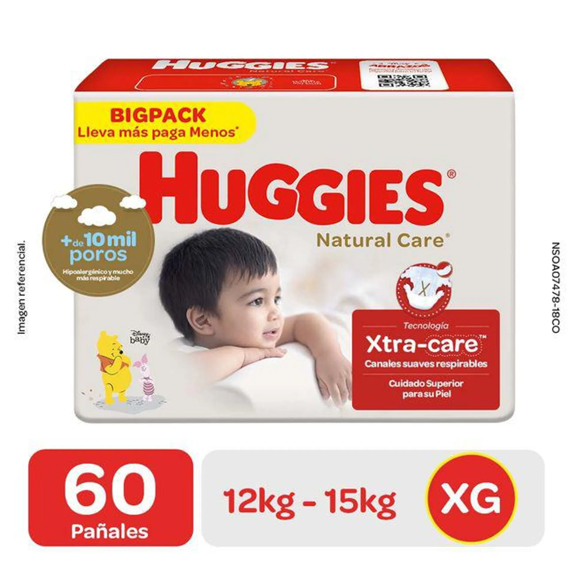 Pañales para Bebé HUGGIES Natural Care Talla XG Paquete 60un