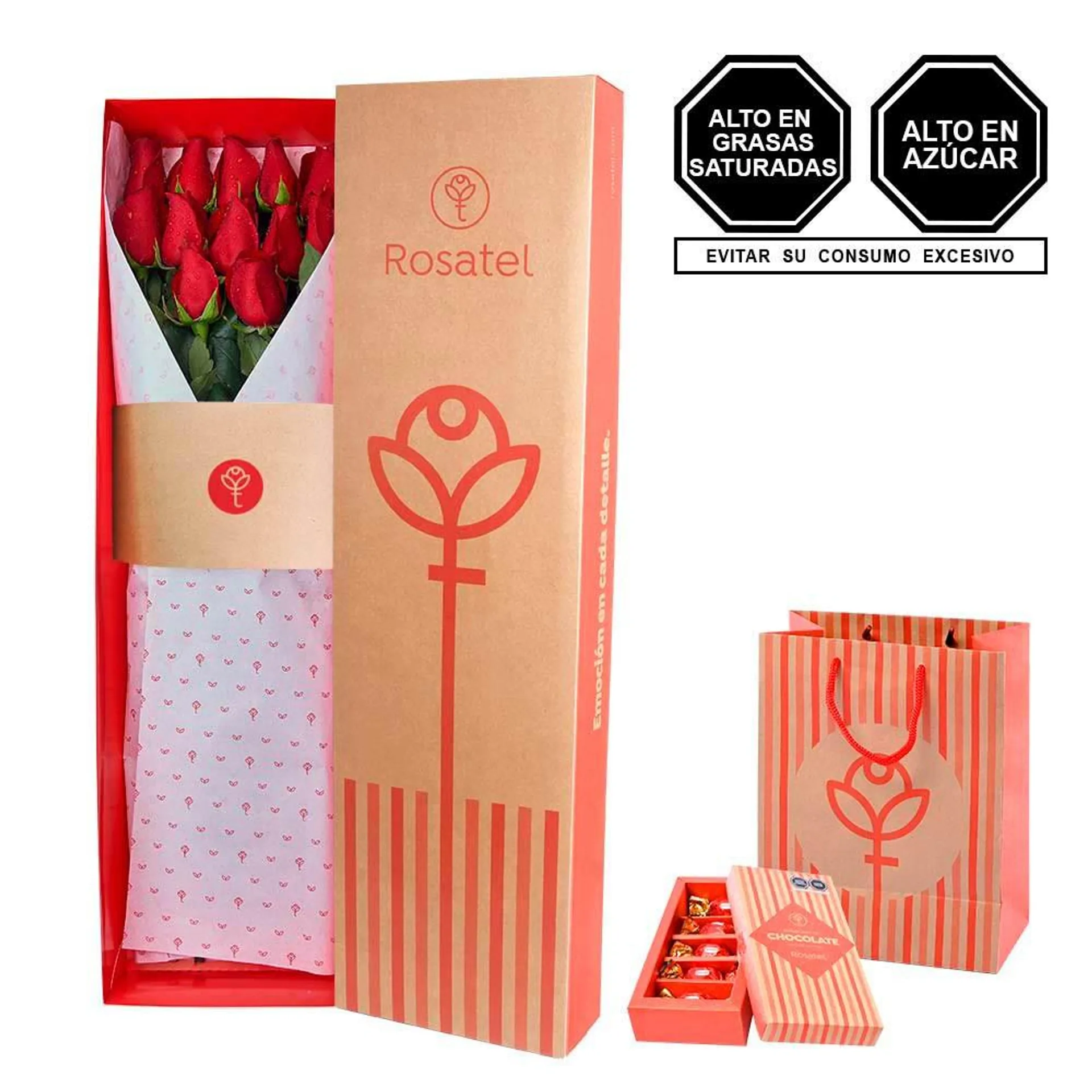 Caja Natural 12 Rosas Rojas y Chocolates Sorini