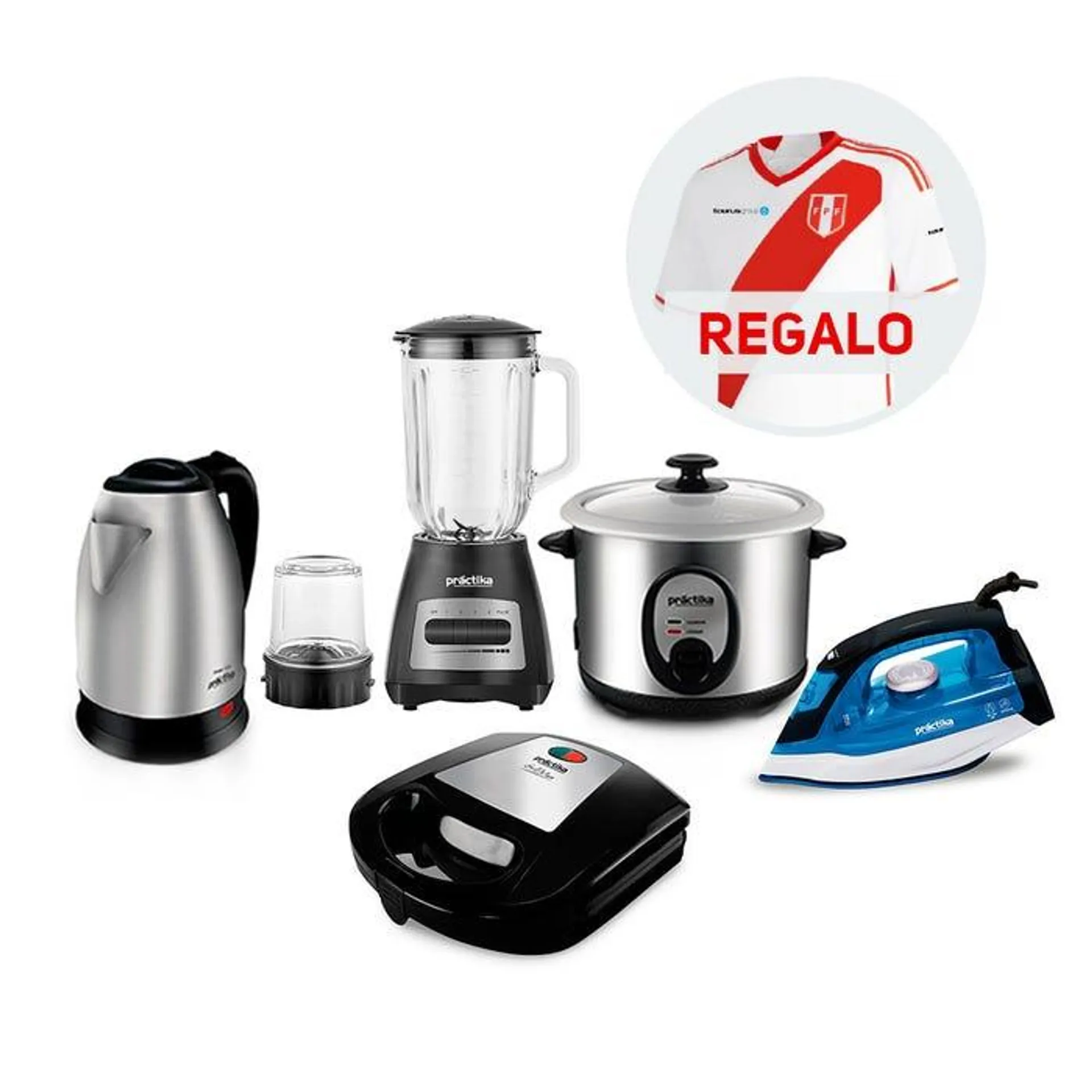 Pentacombo: Licuadora BLW-450 + Olla Arrocera POM-1K + Sandwichera Grill Max + Plancha Eris II + Hervidor Inox 18 II + Camiseta Perú