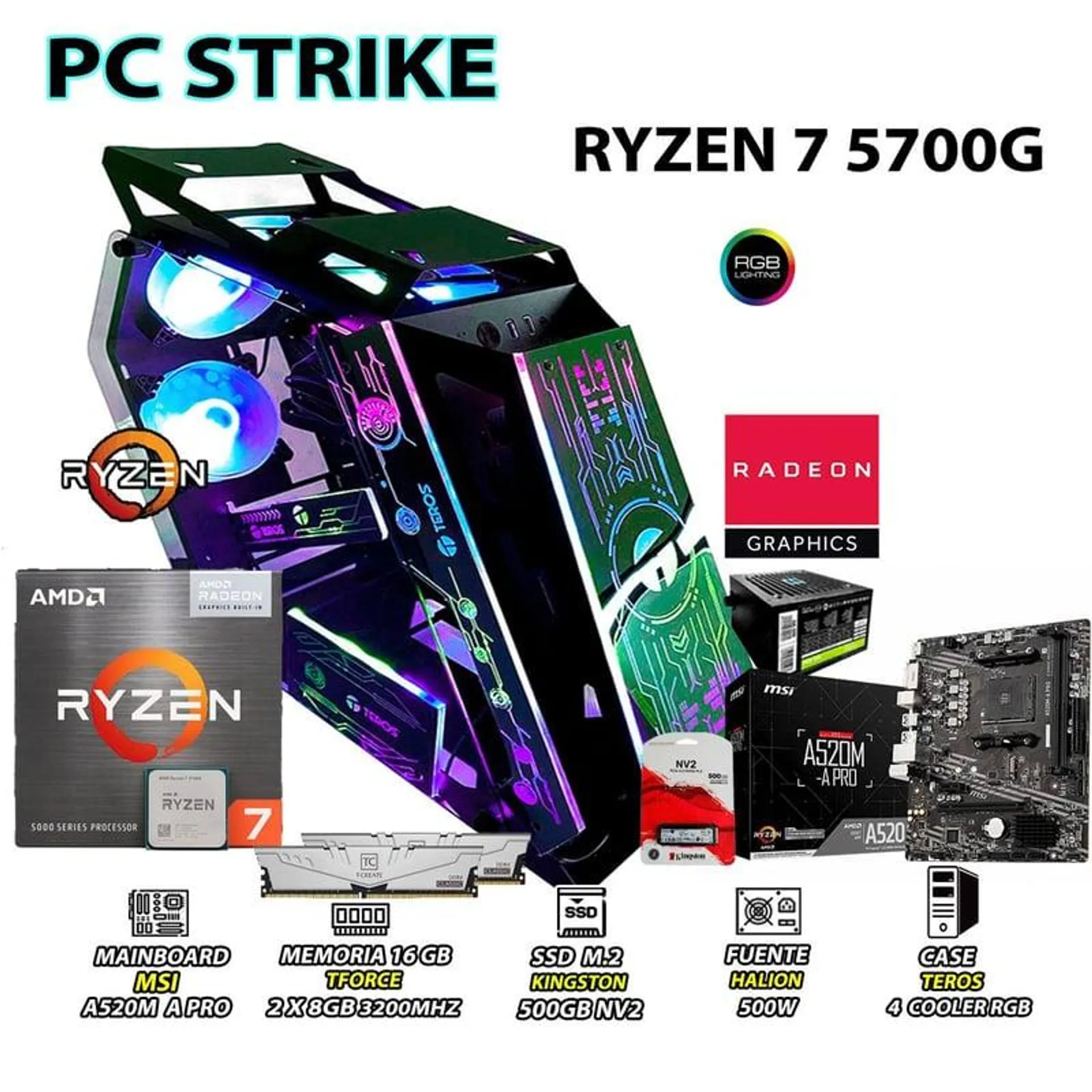 Computadora PC Ryzen 7 5700G RAM 16GB DISCO 500GB SSD CON GRAFICOS AMD RADEON