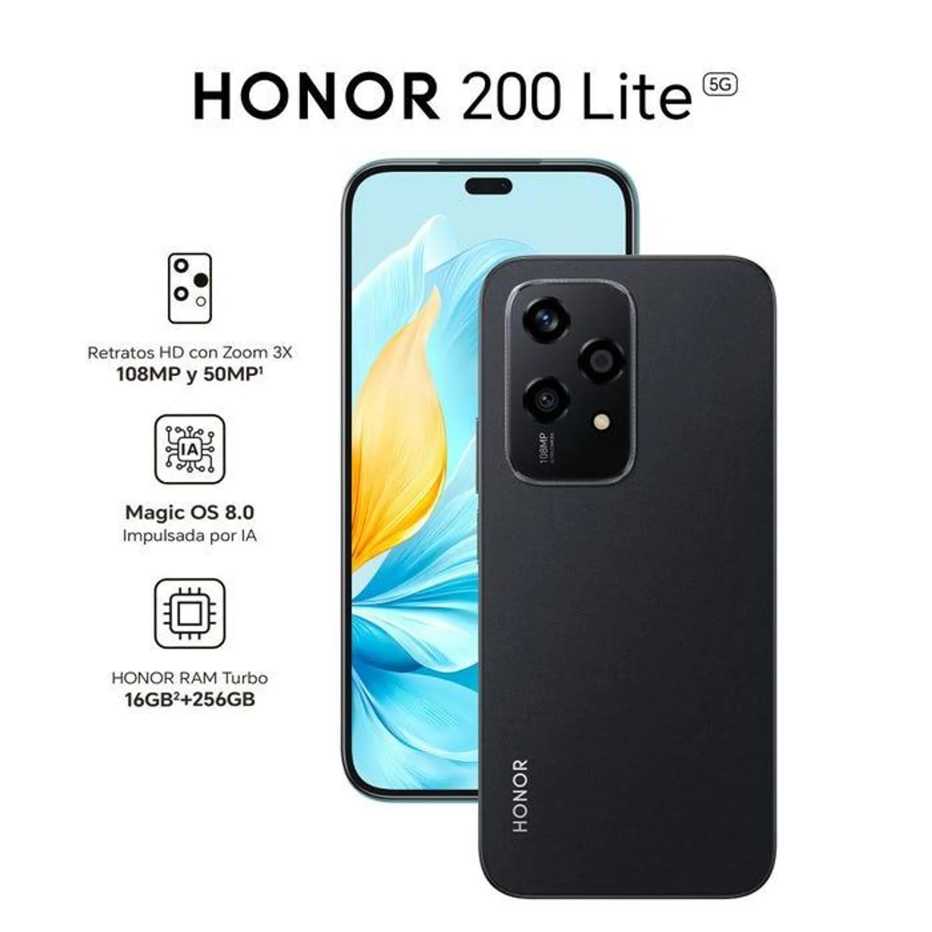 Celular Honor 200 Lite 256GB 8GB 6" Midnight Black