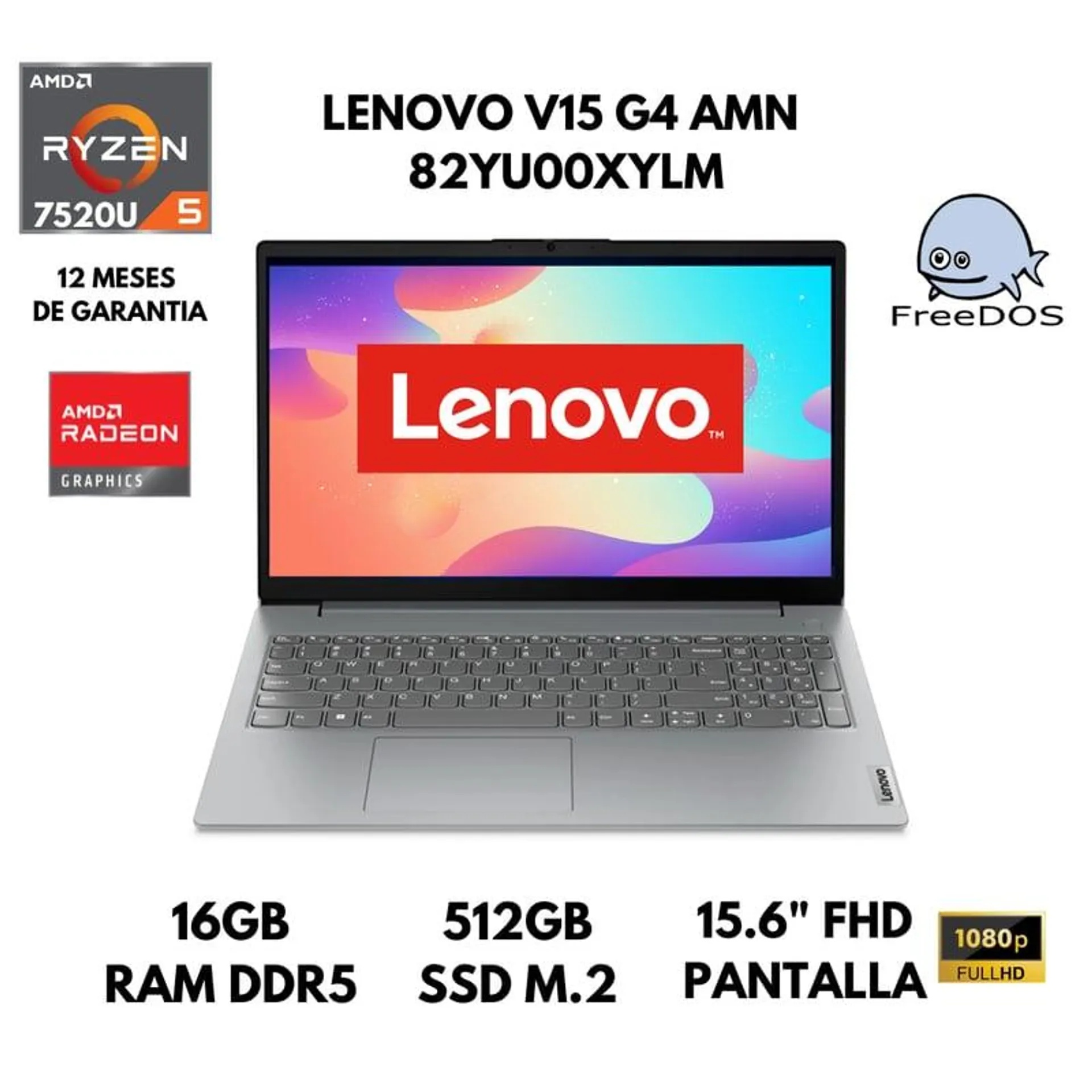 LAPTOP LENOVO V15 G4 AMN AMD RYZEN 5-7520U 16GB RAM 512GB SSD 156 FHD FREEDOS