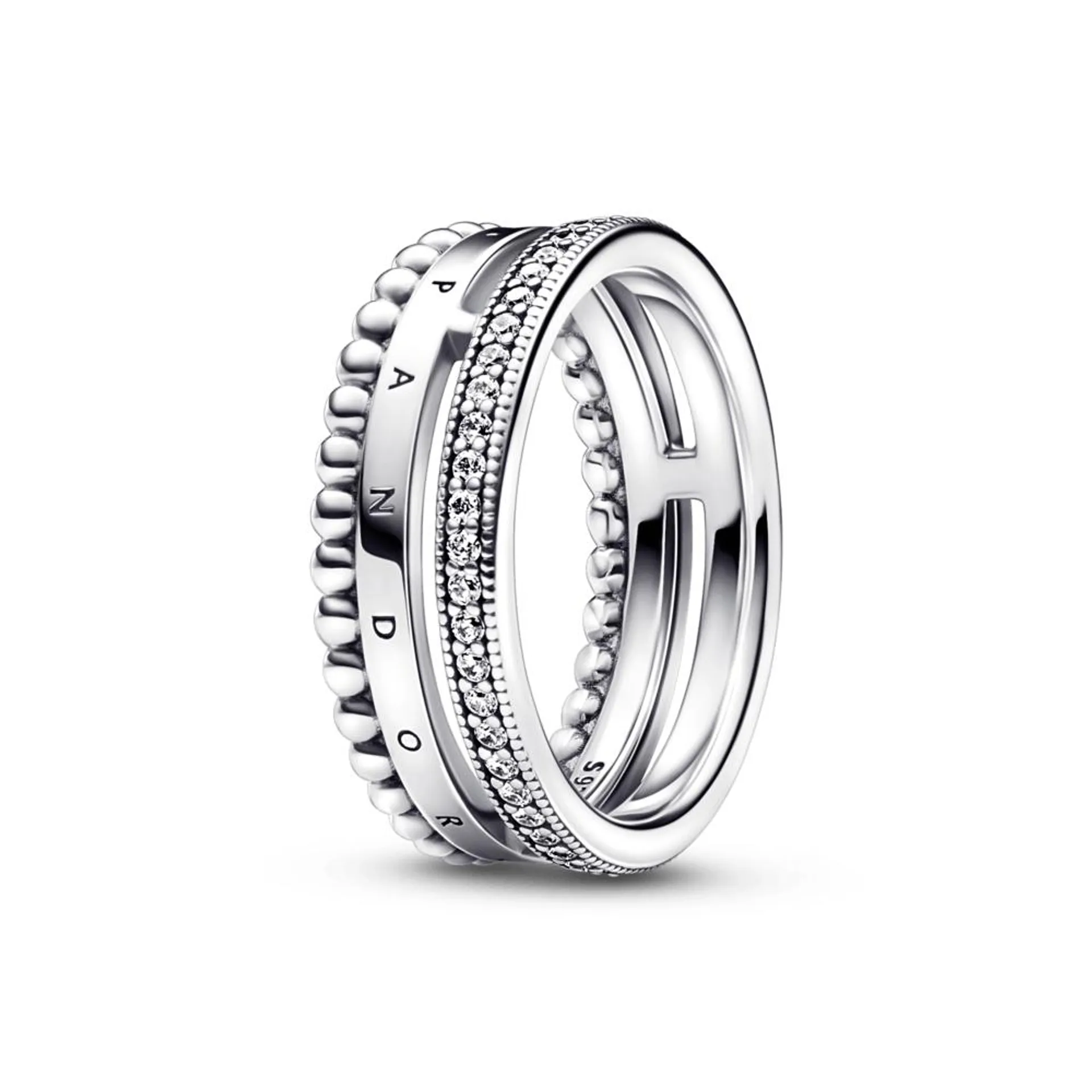 Anillo con pavé y abalorios con logotipo de Pandora Signature