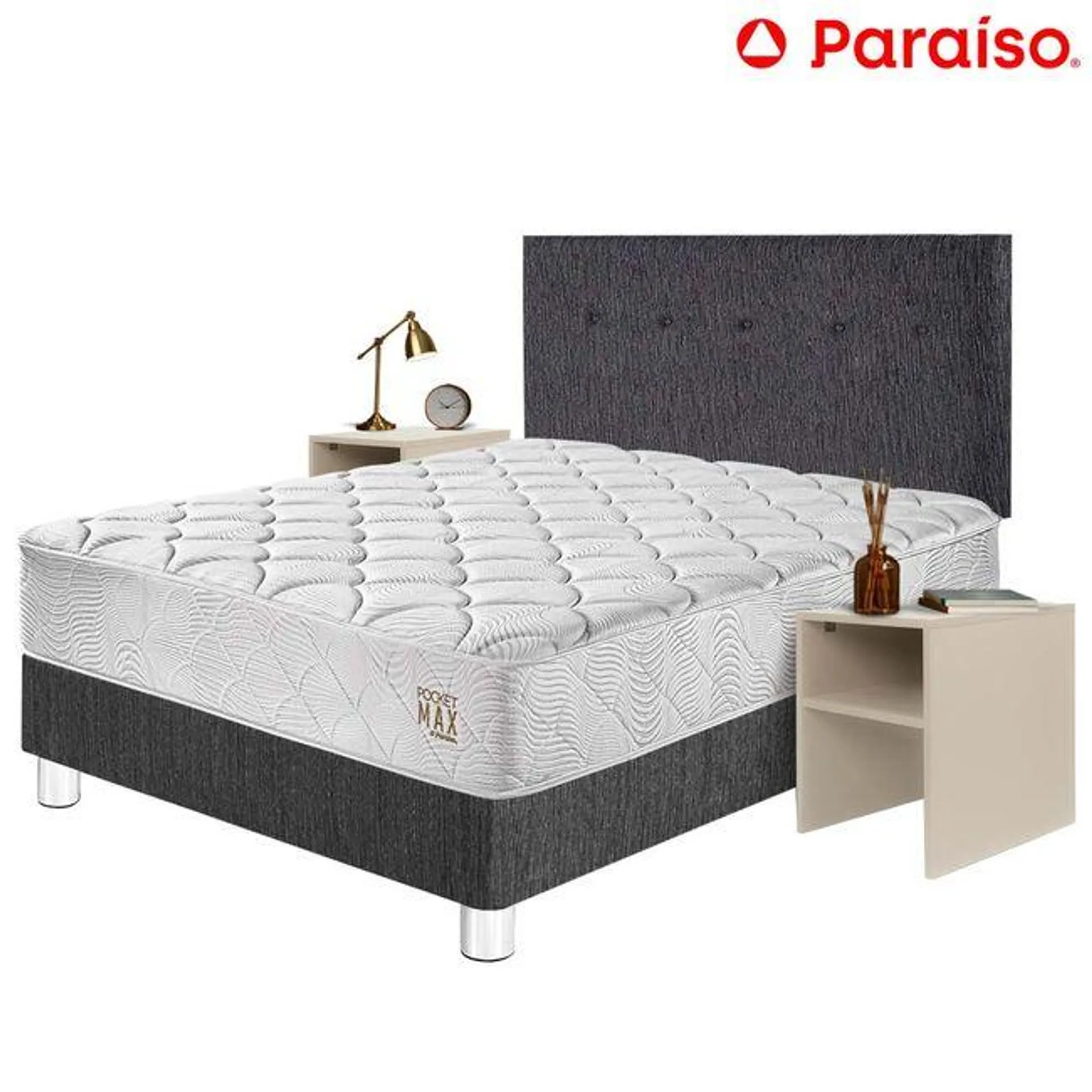 Dormitorio PARAISO Pocket Max 2 Plaza Charcoal + 2 Velador Repisa + 2 Almohadas + 1 Protector