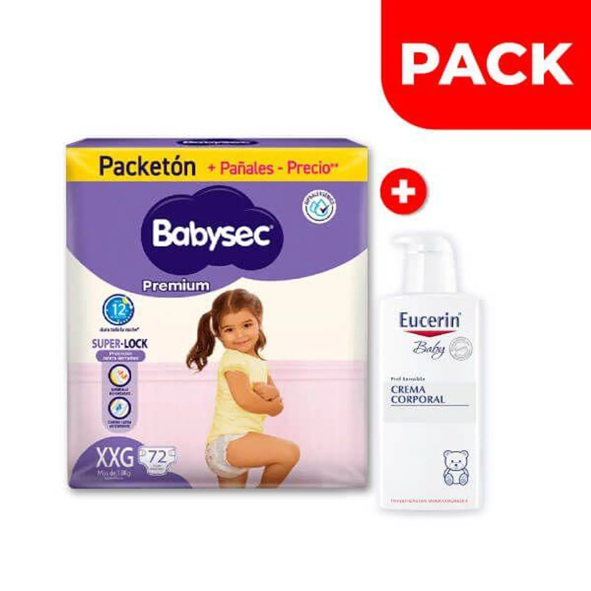 Pack Babysec Premium Súper Mega Talla XXG 72 UN + Eucerin Baby Crema Corporal 400 ML