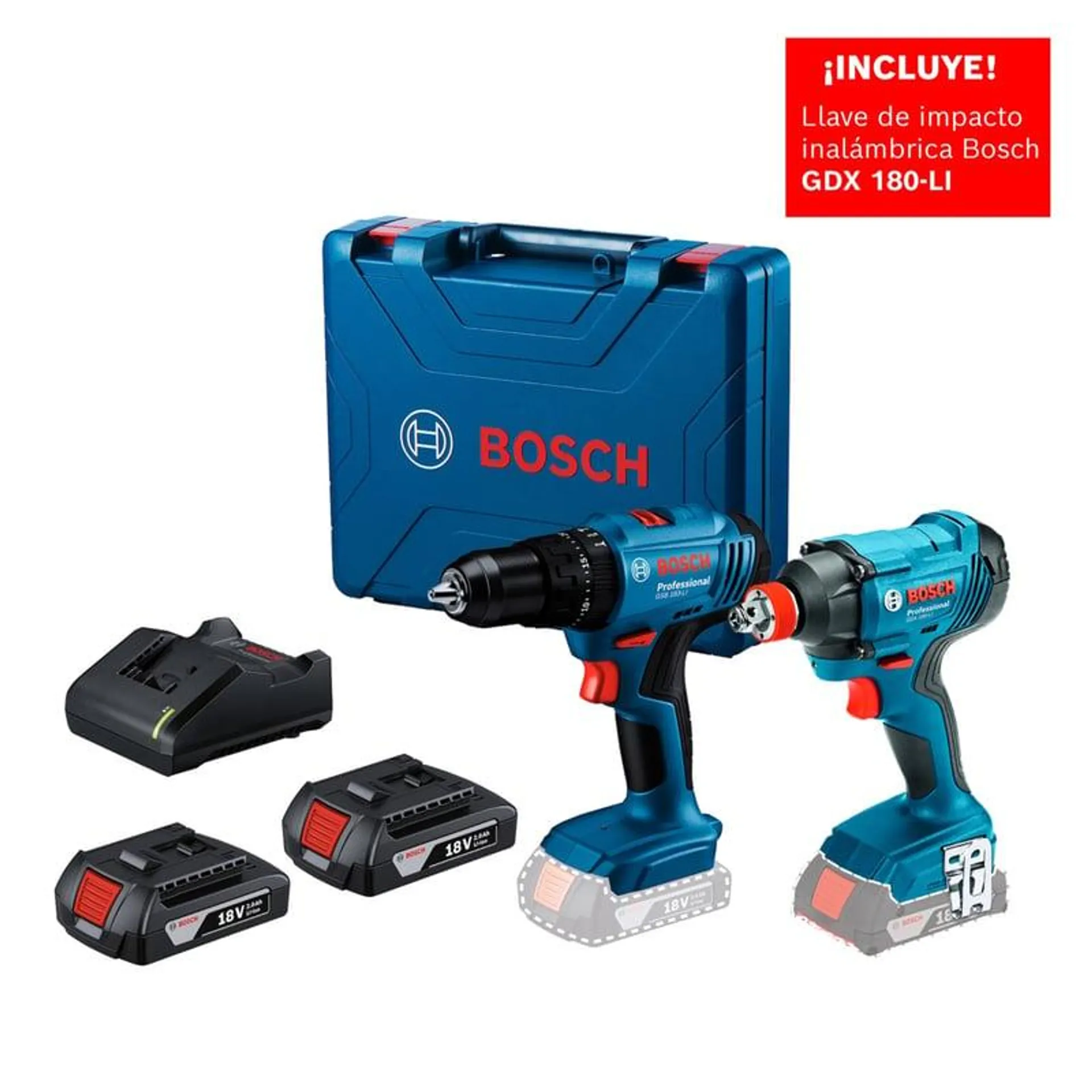 Taladro percutor atornillador 18V Bosch GSB 183-LI + Llave de impacto inalámbrica 18V Bosch GDX 180-LI 1+ 2 Baterías + Maletín de plástico