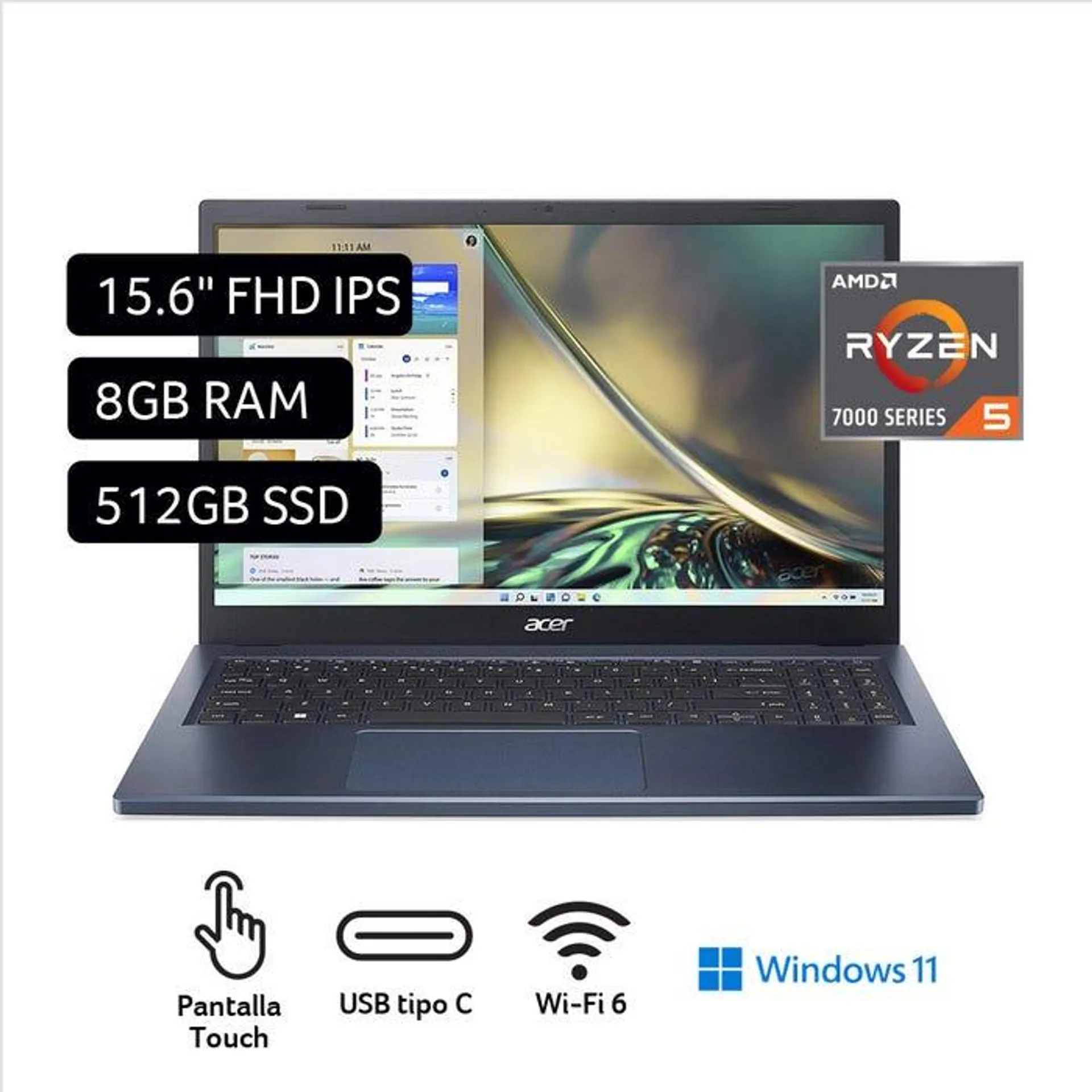 Laptop Acer Aspire 3 15,6" Touch Windows 11 Ryzen 5 Serie 7000 8GB 512GB