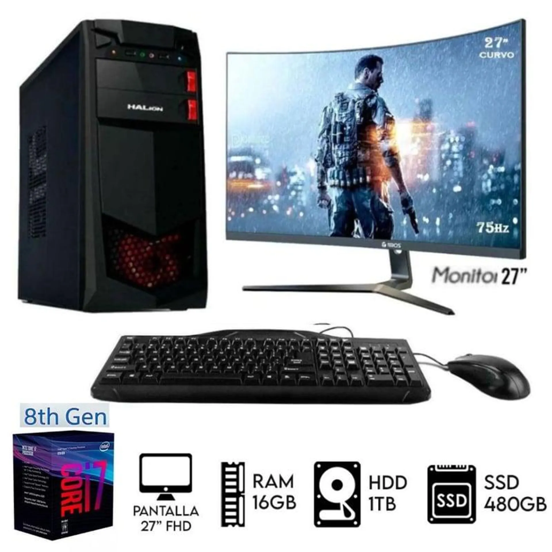 Computadora PC Intel Core i7-8TH RAM 16GB Disco HDD 1TB+SSD 480GB Monitor 27 FHD