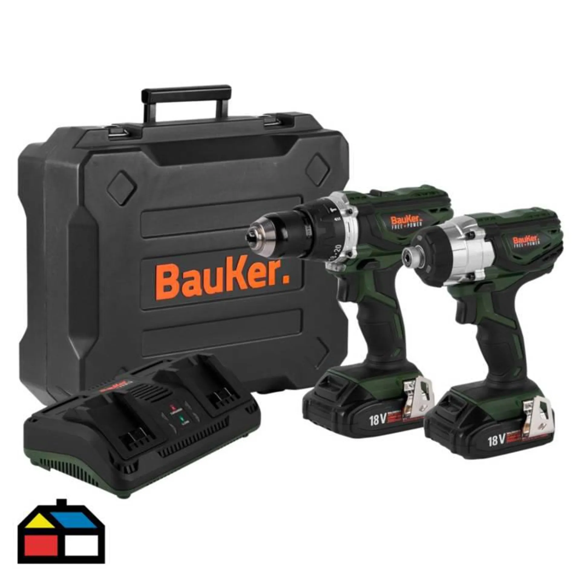 Taladro Percutor 1/2"+ Atornillador de Impacto 1/4" Inalámbrico 18V + 2 baterías + Cargador + Maletín Bauker