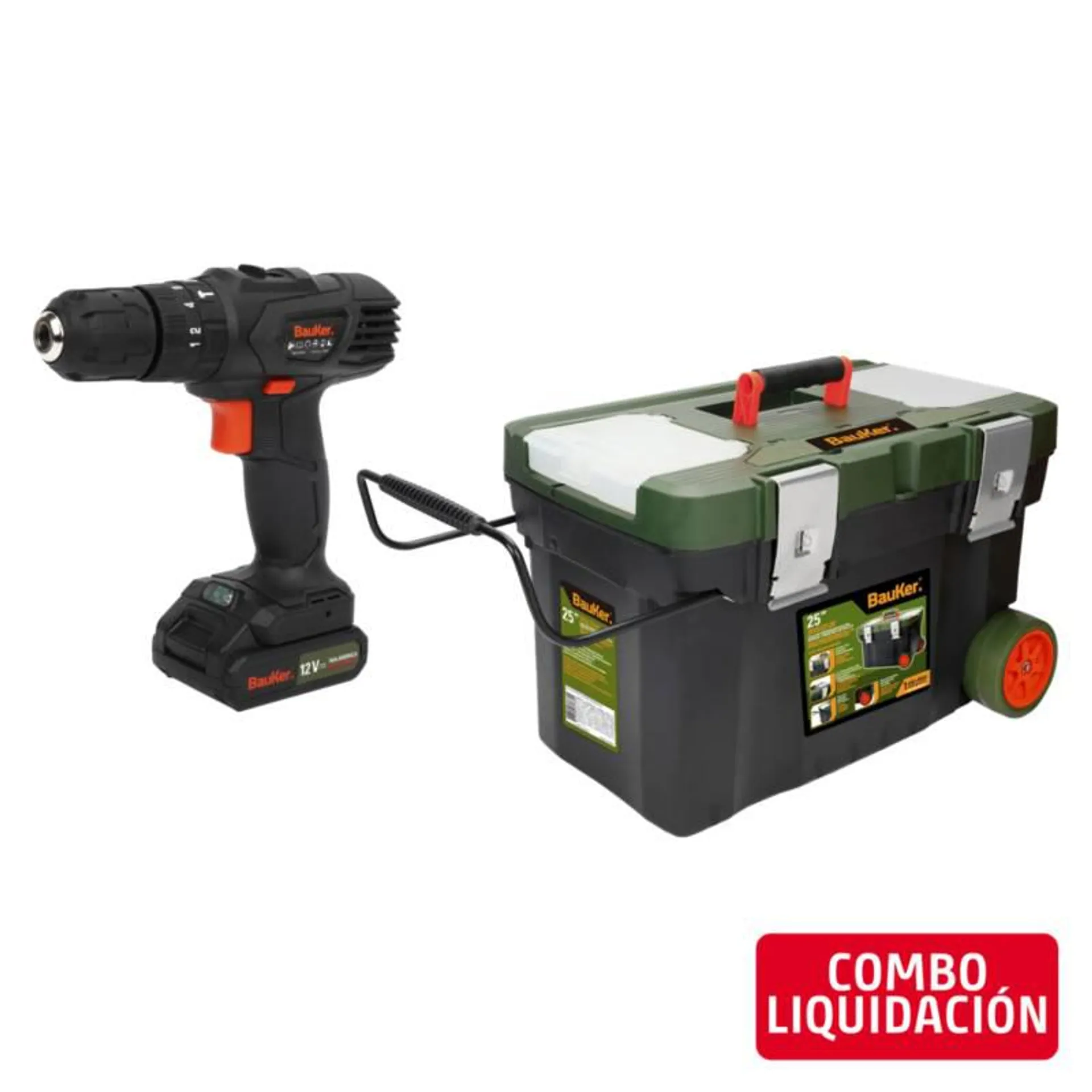 Combo Taladro Percutor Inalámbrico 10mm 12V + Batería 1,3Ah + Cargador Bauker + Caja de Herramientas 25"