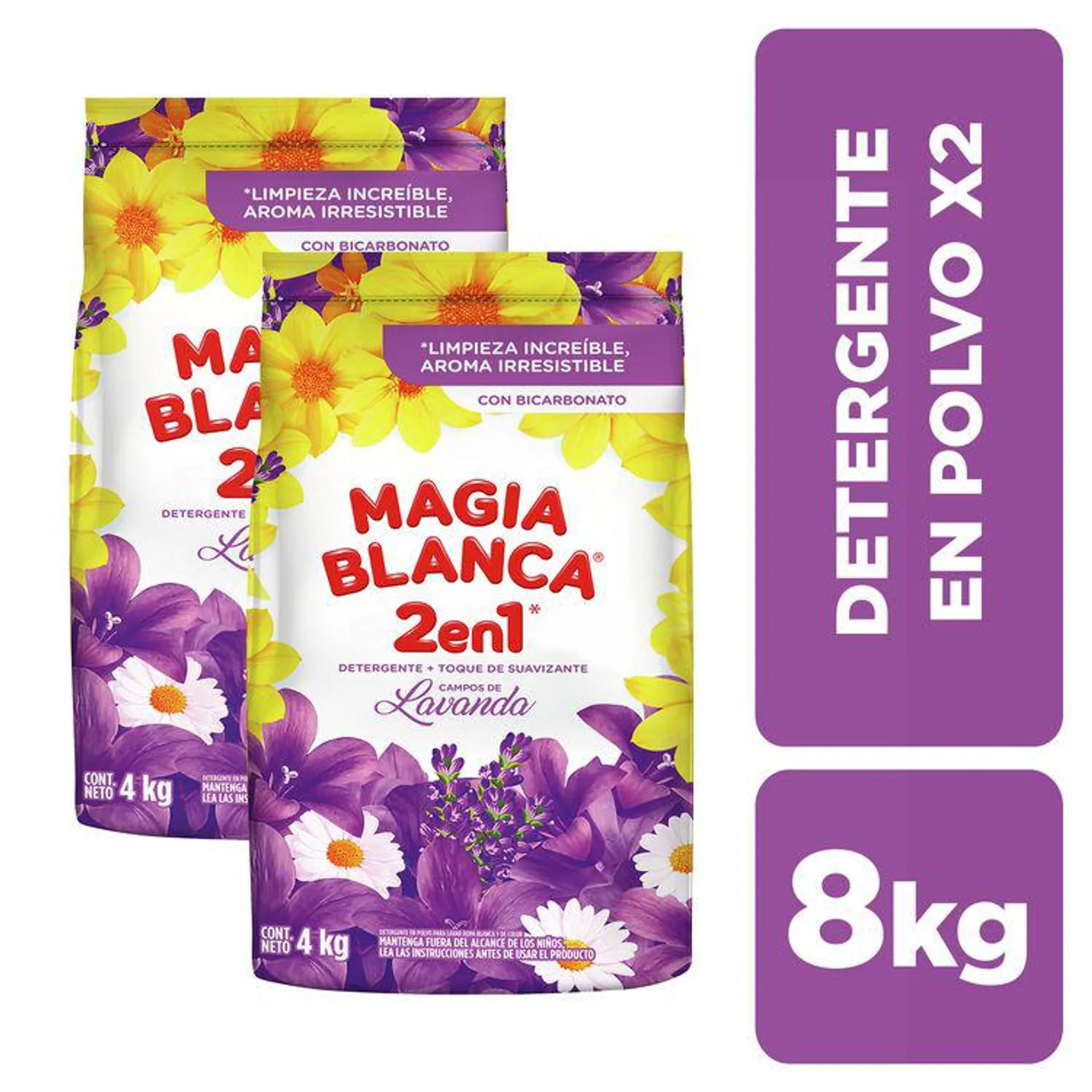 Pack x 2 Detergente en Polvo 2 en 1 Magia Blanca Campos de Lavanda Bolsa 4 Kg c/u