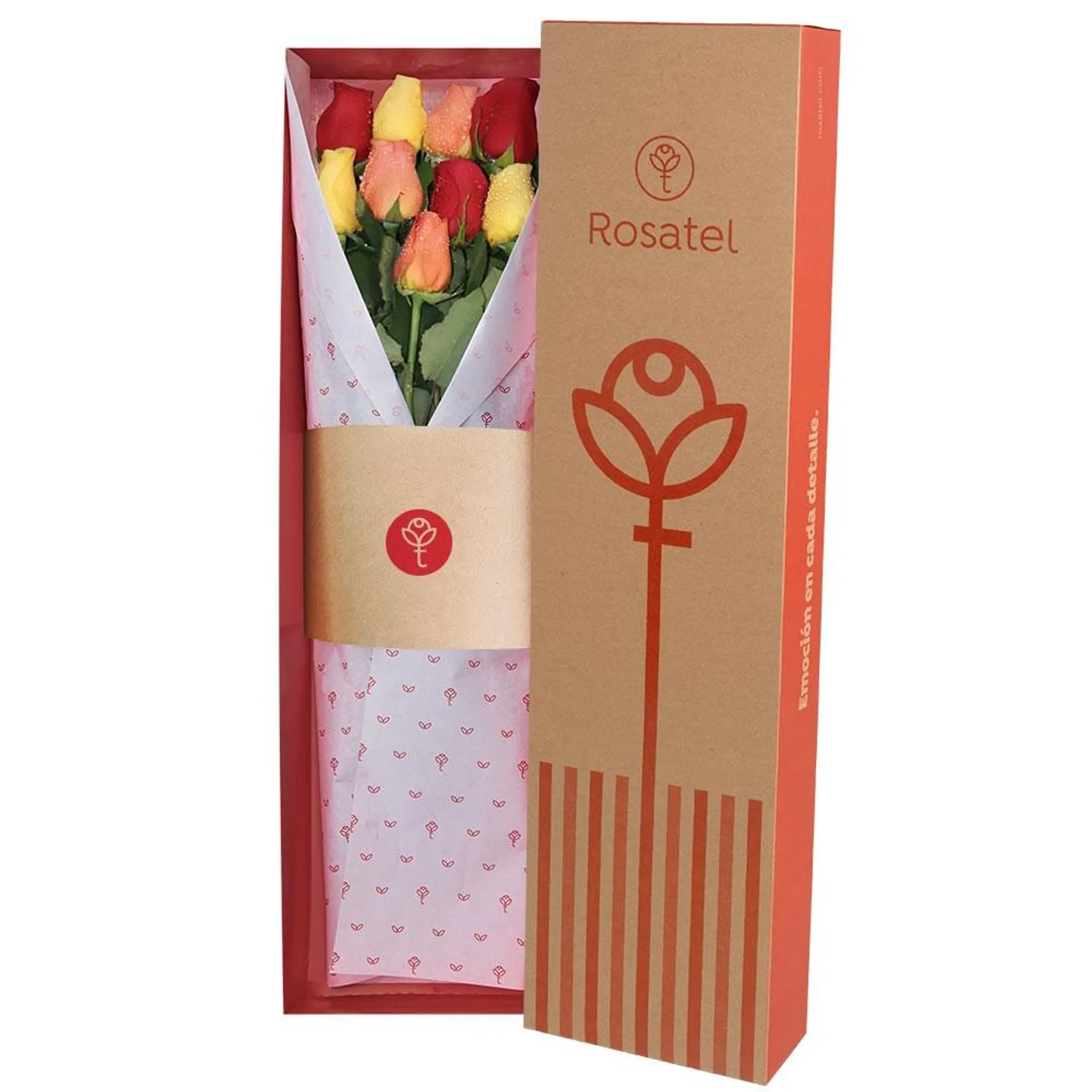 Caja Natural con 9 Rosas de Colores