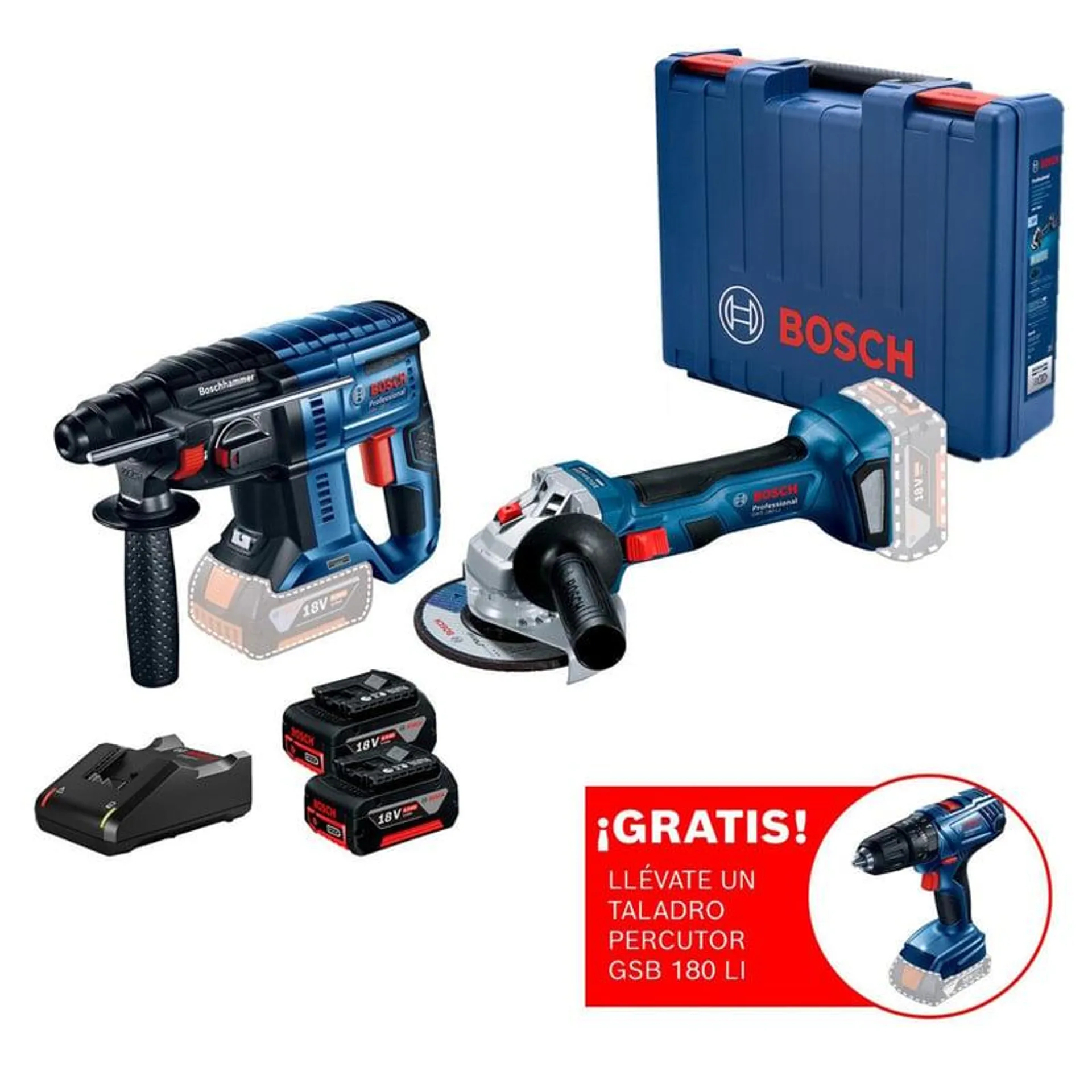 Amoladora inalámbrica 18V Bosch GWS 180-LI + Rotomartillo inalámbrico 18 V Bosch GBH 180-LI Brushless+ 2 baterías + maletín plástico + Regalo: Taladro Atornillador Percutor Bosch GSB 180-LI