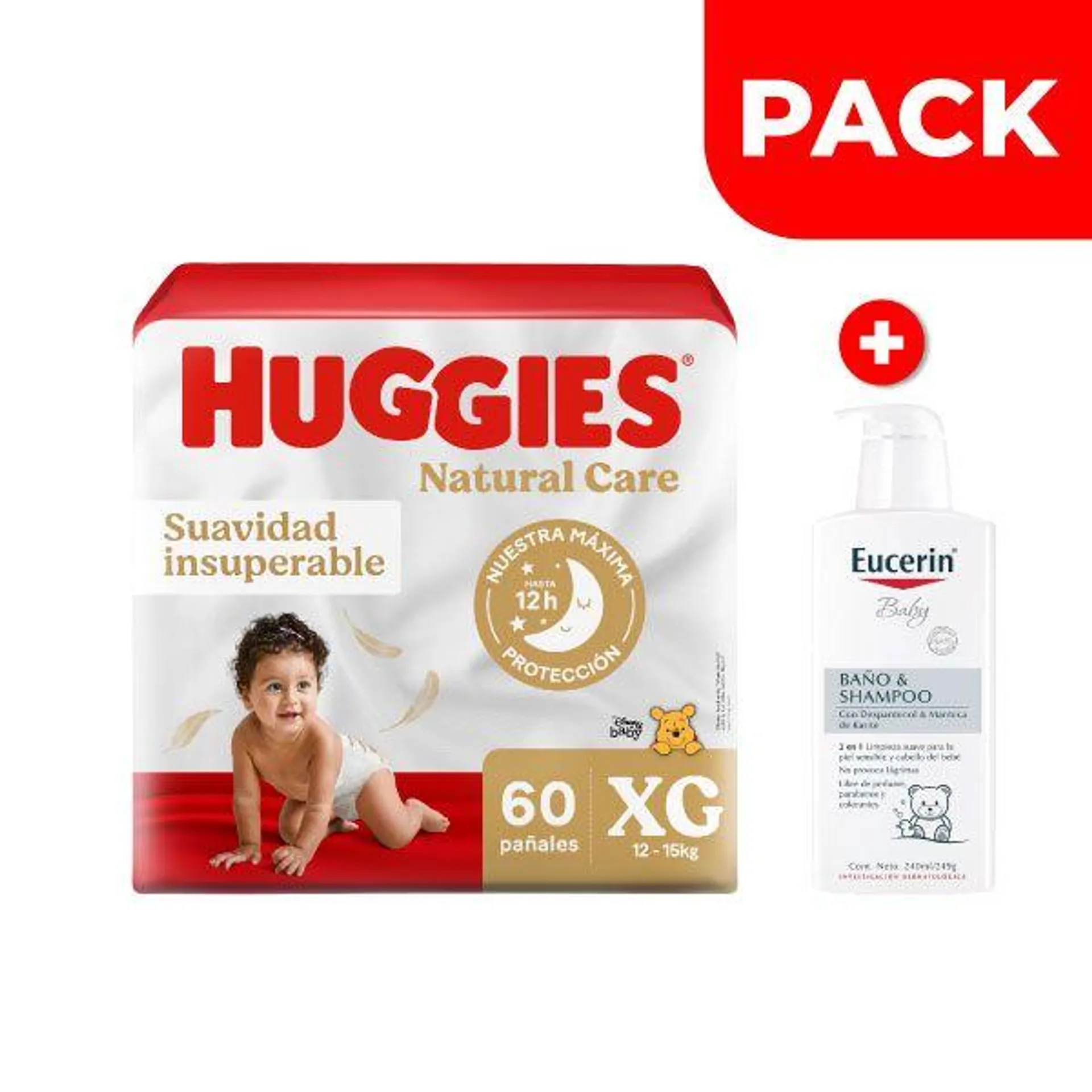 Pañales Huggies Natural Care Bigpack Talla XG 60 UN + Eucerin Baby Baño & Shampoo 240 ML