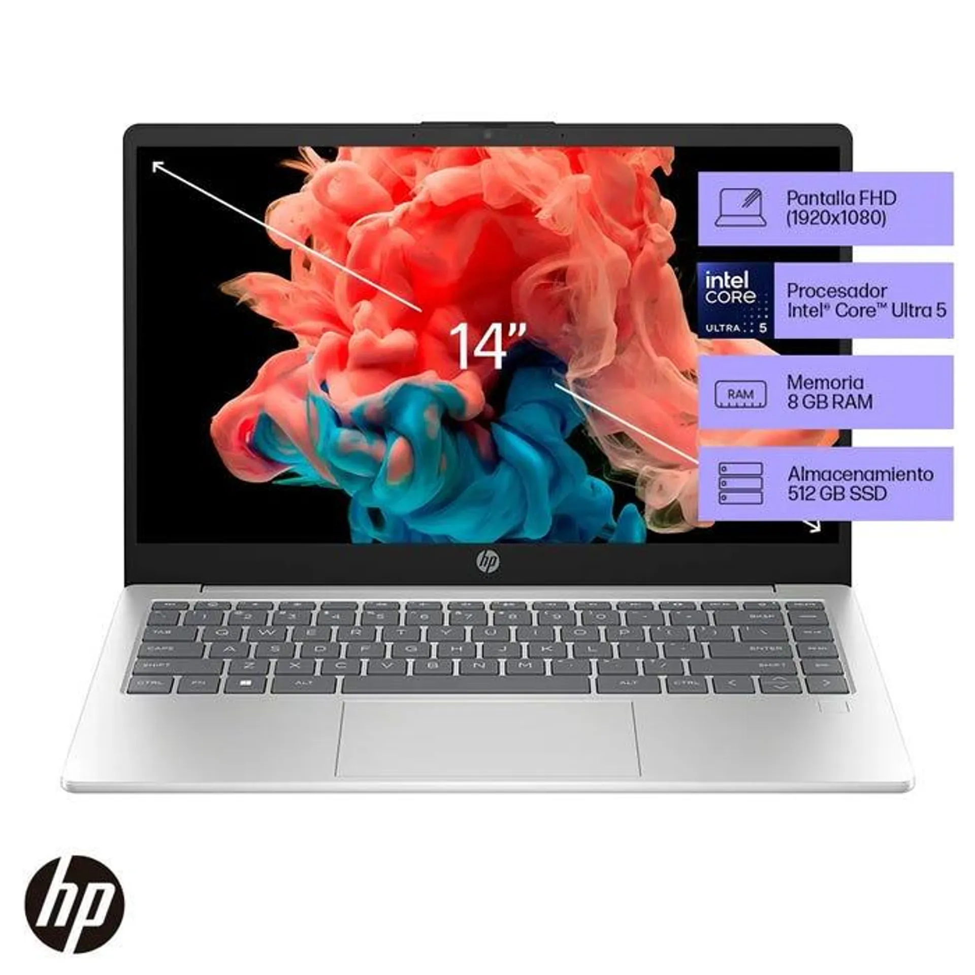 Laptop HP 14" Windows 11 Intel Core Ultra 5 8GB 512GB SSD 14-EP1001LA Plateado natural