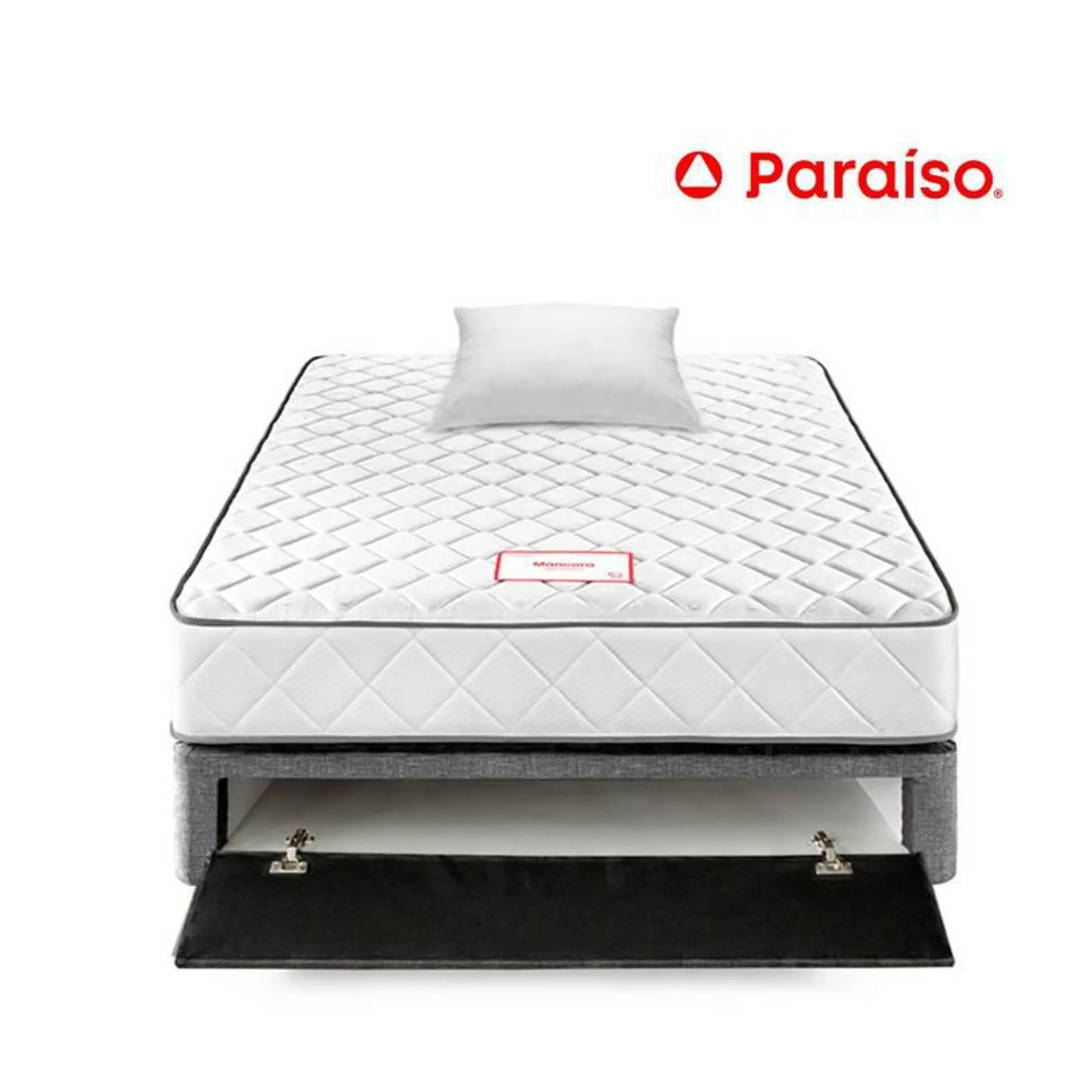 Cama Paraíso Máncora 1.5 Plazas Gris + Colchón + Almohada + Protector