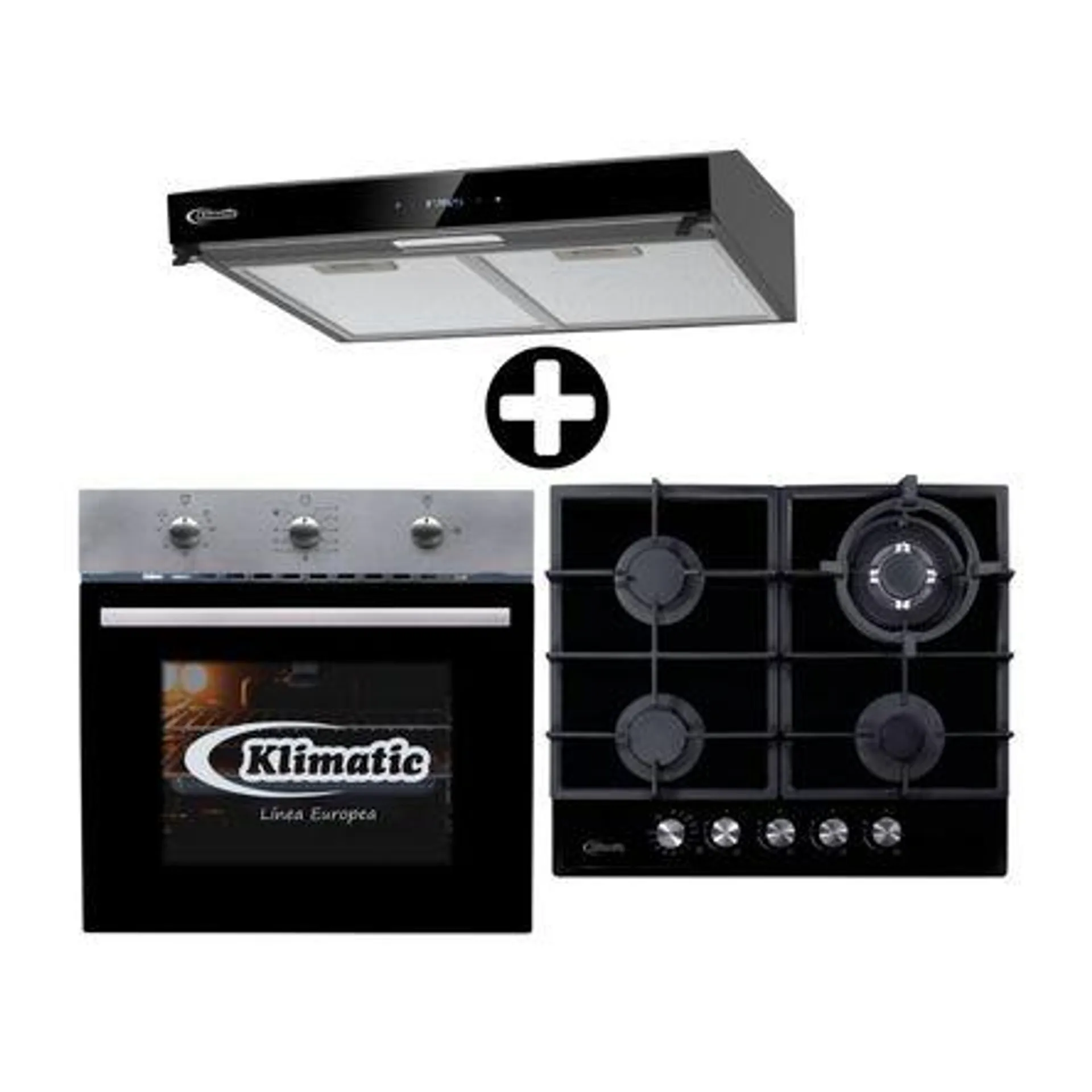 COMBO Cocina empotrable Aosta 60 Negra 60cm Klimatic + Campana extractora Amsterdam 60cm Klimatic + Horno empotrable Lubeck BC 60 litros Klimatic