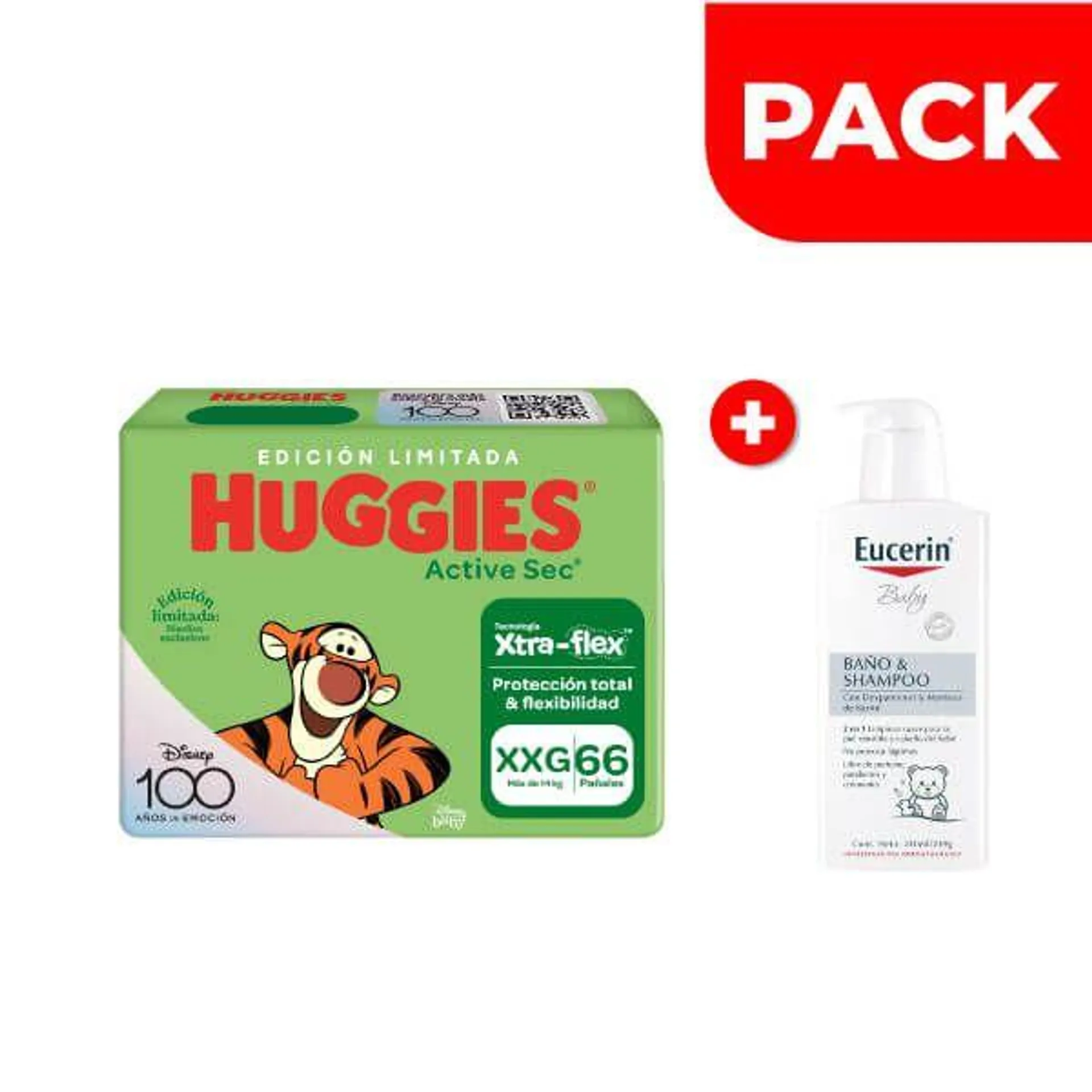 Pack Huggies Active Sec Xtra-Flex Talla XXG 66 UN - Eucerin Baby Baño & Shampoo 240 ML