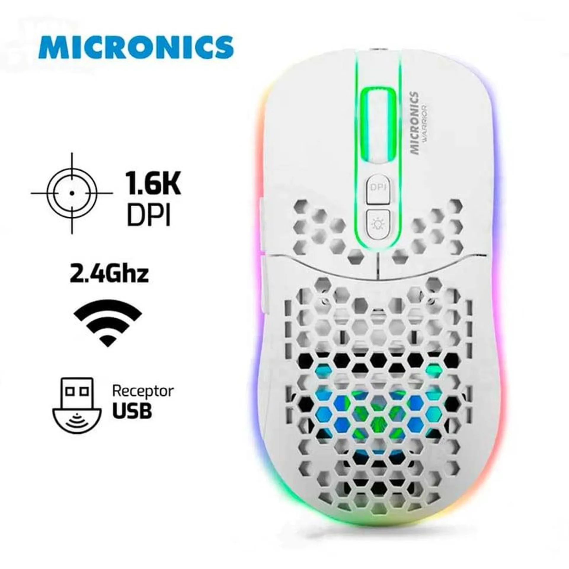 Mouse MICRONICS WARRIOR RX MICGM828RX Inalambrico 1600 Dpi Rgb Blanco