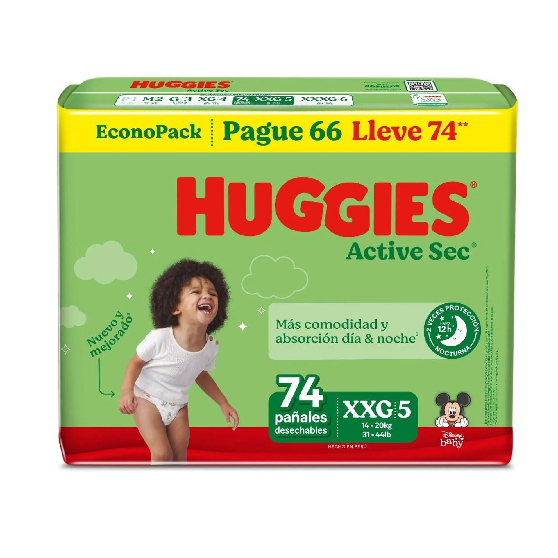 Pañal Huggies Active Sec EconoPack Talla XXG - Bolsa 74 UN