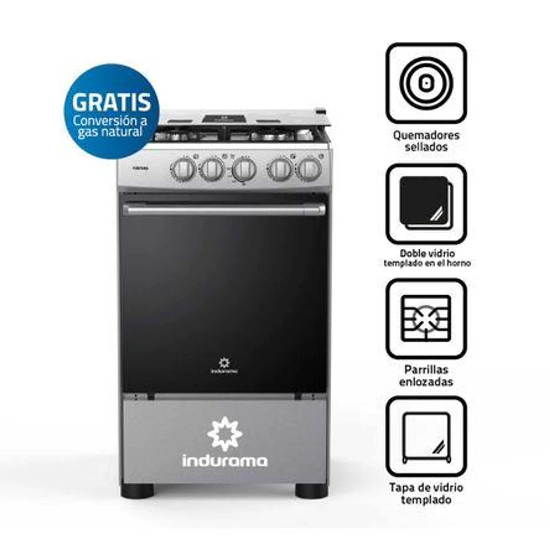 Cocina de Pie a Gas 20" Indurama Fontana 4 Hornillas Acero Gris | con Horno