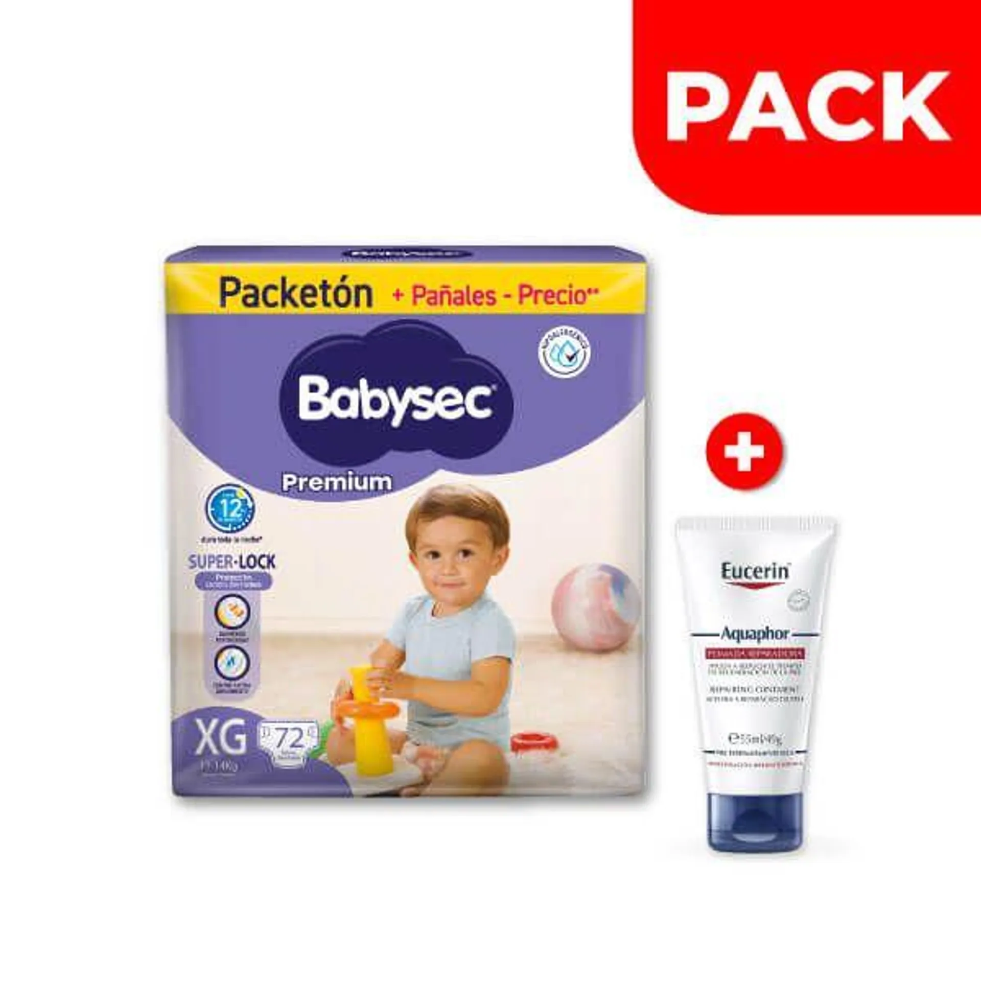 Pack Babysec Premium Súper Mega Talla XG 72 UN + Eucerin Aquaphor Ungüento Tubo 49 G